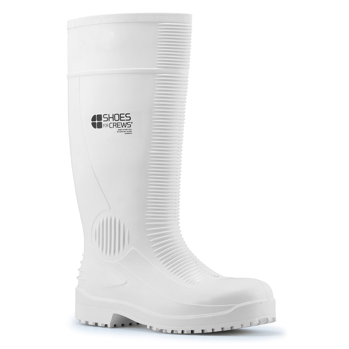 The Guardian White from Shoes For Crews are waterproof Wellington boots that offer superior slip resistance on a variety of pavement surfaces, seen from the right profile.