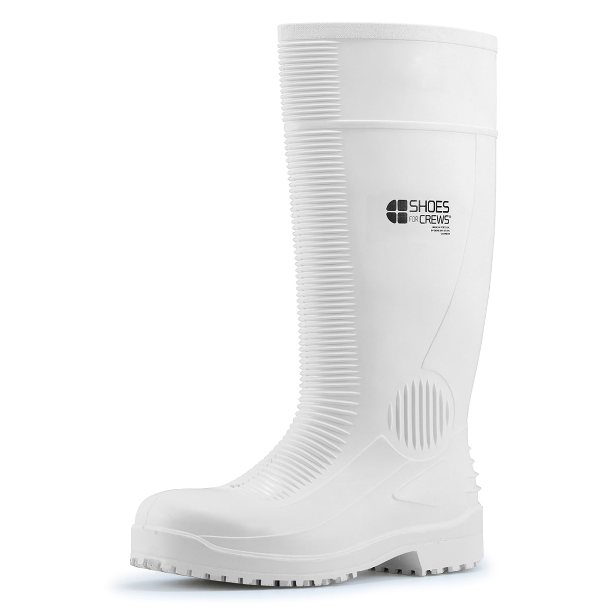The Guardian White from Shoes For Crews are waterproof Wellington boots that offer superior slip resistance on a variety of pavement surfaces, seen from the left profile.