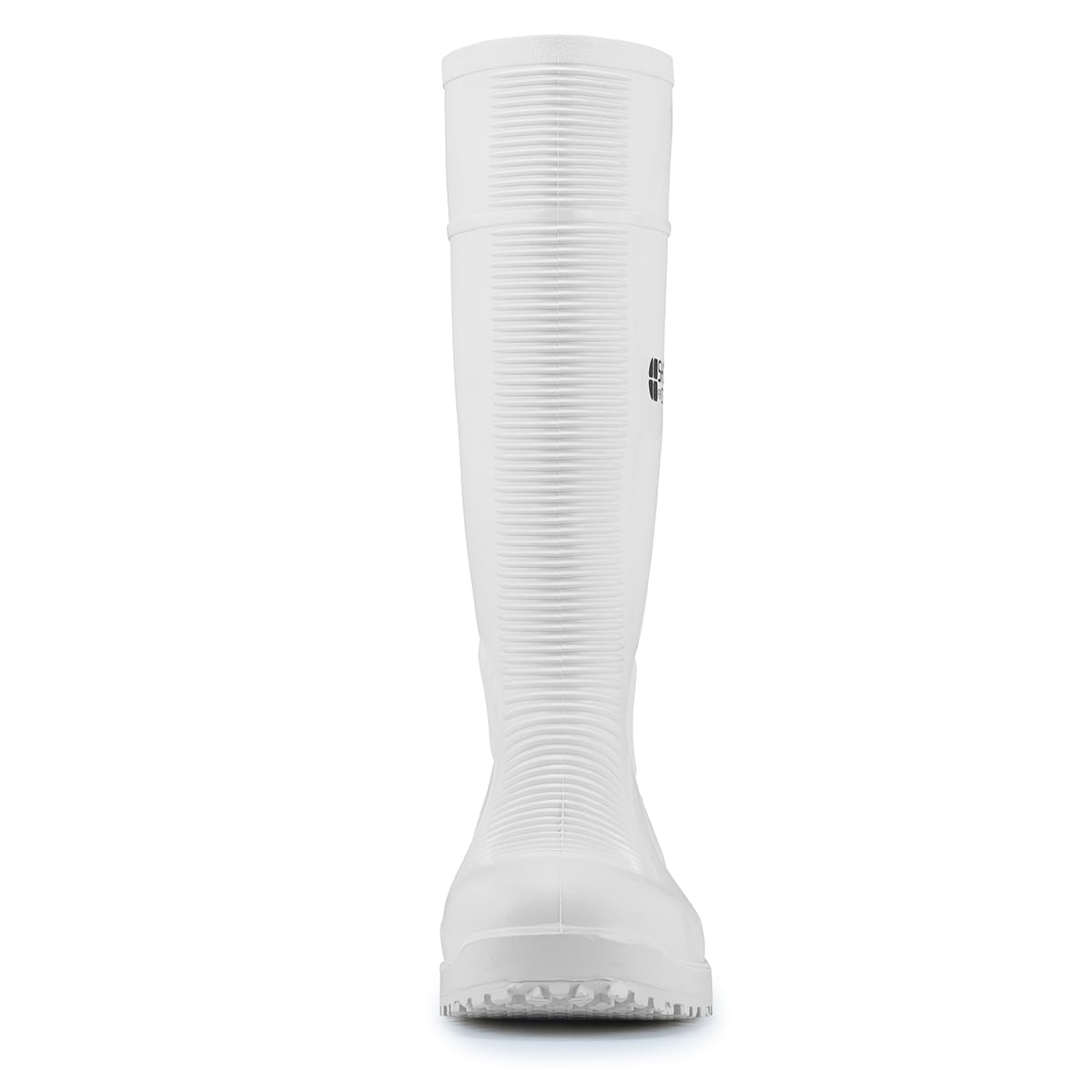 The Guardian White from Shoes For Crews are waterproof Wellington boots that offer superior slip resistance on a variety of pavement surfaces, seen from the front.