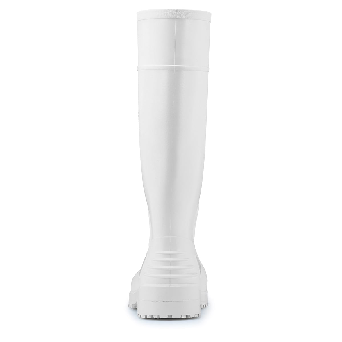 The Guardian White from Shoes For Crews are waterproof Wellington boots that offer superior slip resistance on a variety of pavement surfaces, seen from the back.