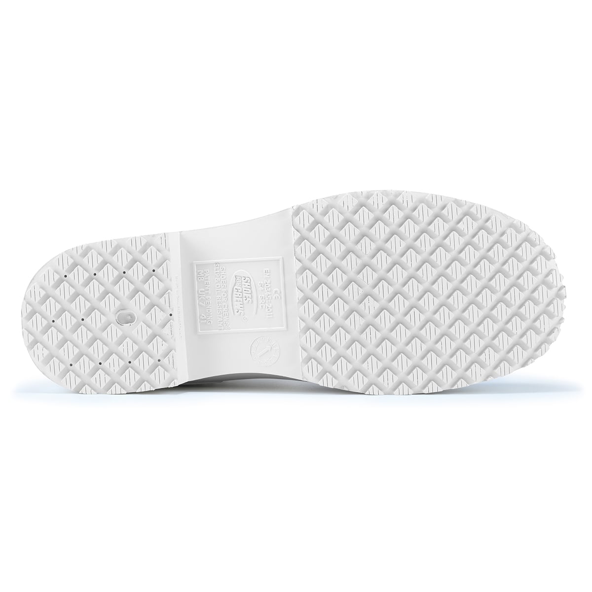 The Guardian White from Shoes For Crews are waterproof Wellington boots that offer superior slip resistance on a variety of pavement surfaces, seen from below.