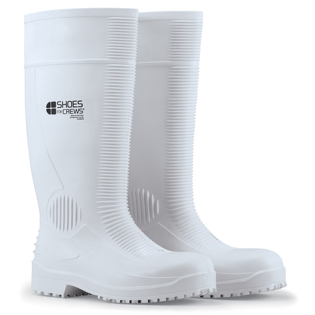 The Guardian White from Shoes For Crews are waterproof Wellington boots that offer superior slip resistance on a variety of pavement surfaces, pair seen in profile on the right.