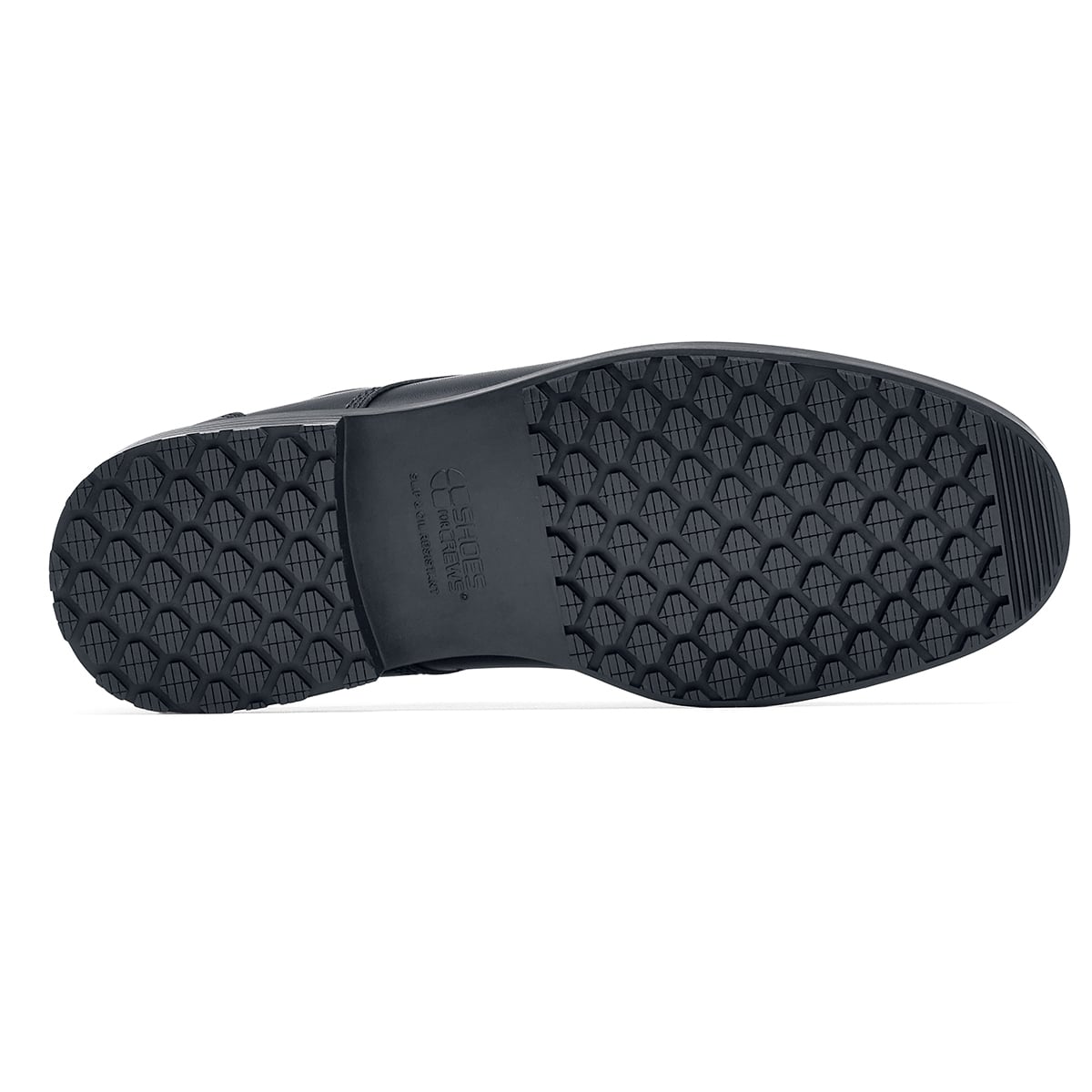 The Shoes for Crews Cambridge III is a slip-resistant leather dress shoe, with removable cushioned insoles and a padded comfort collar, seen from the bellow.