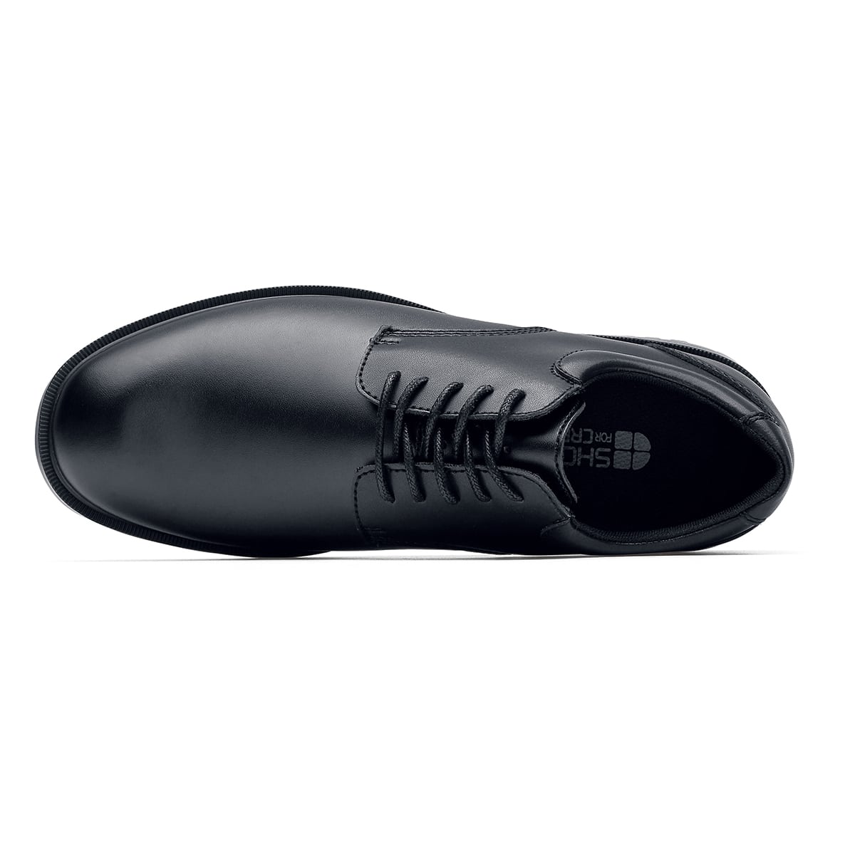 The Shoes for Crews Cambridge III is a slip-resistant leather dress shoe, with removable cushioned insoles and a padded comfort collar, seen from the above.