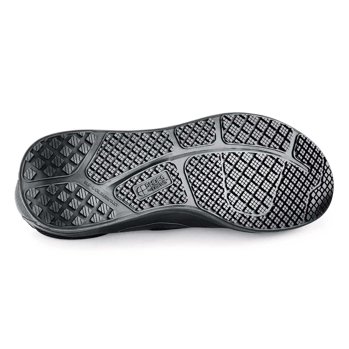 The Evolution II Black from Shoes For Crews are slip-resistant and water-resistant trainers,  seen from below.