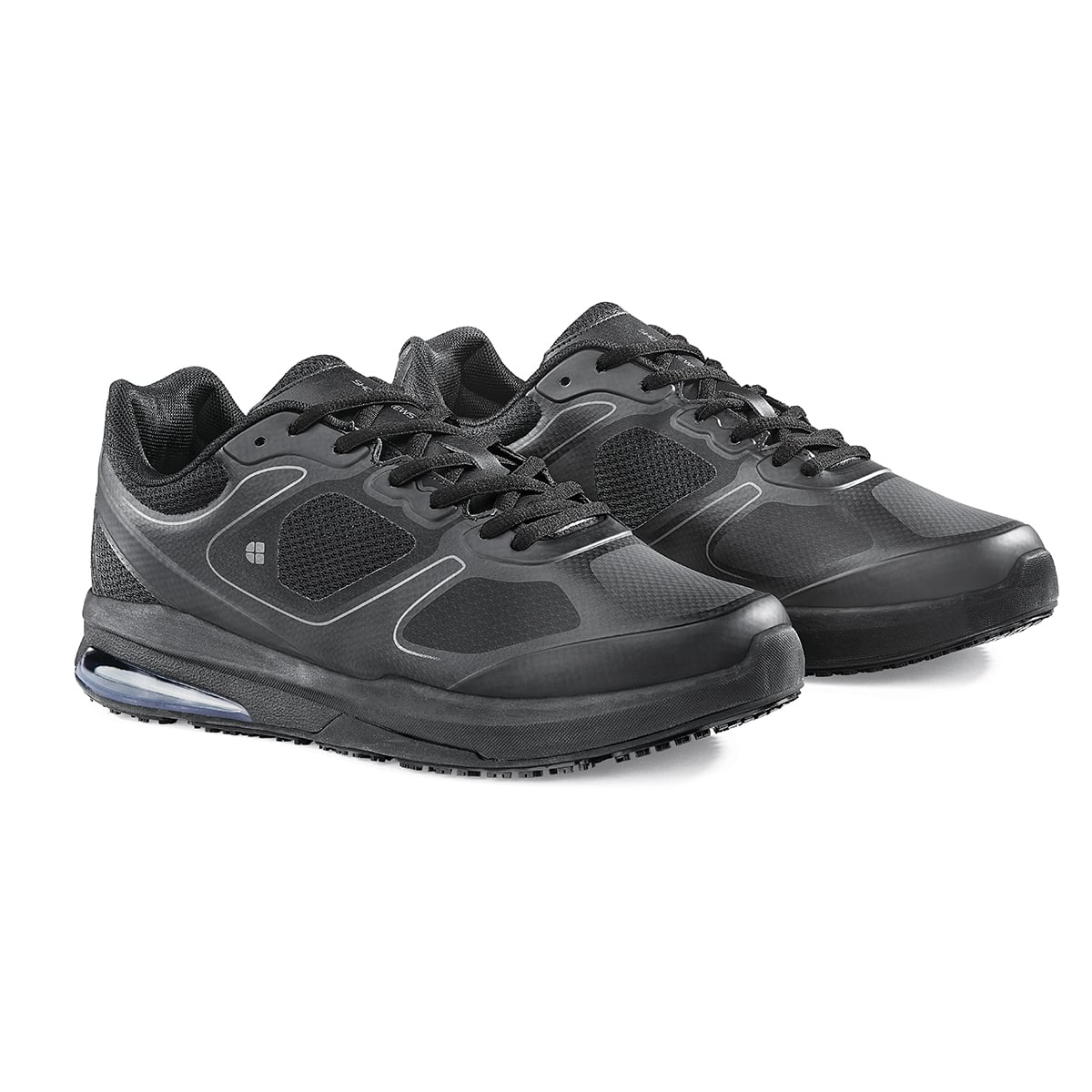 The Evolution II Black from Shoes For Crews are slip-resistant and water-resistant trainers, pair seen in profile on the right.