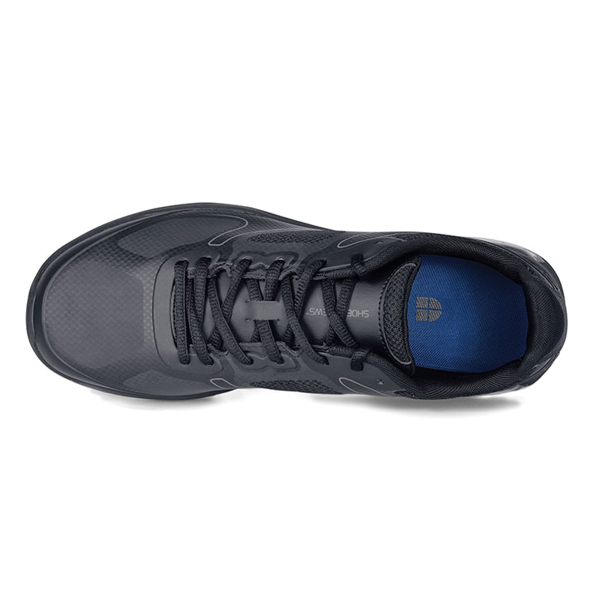 The Evolution II Black from Shoes For Crews are slip-resistant and water-resistant trainers,  seen from above.