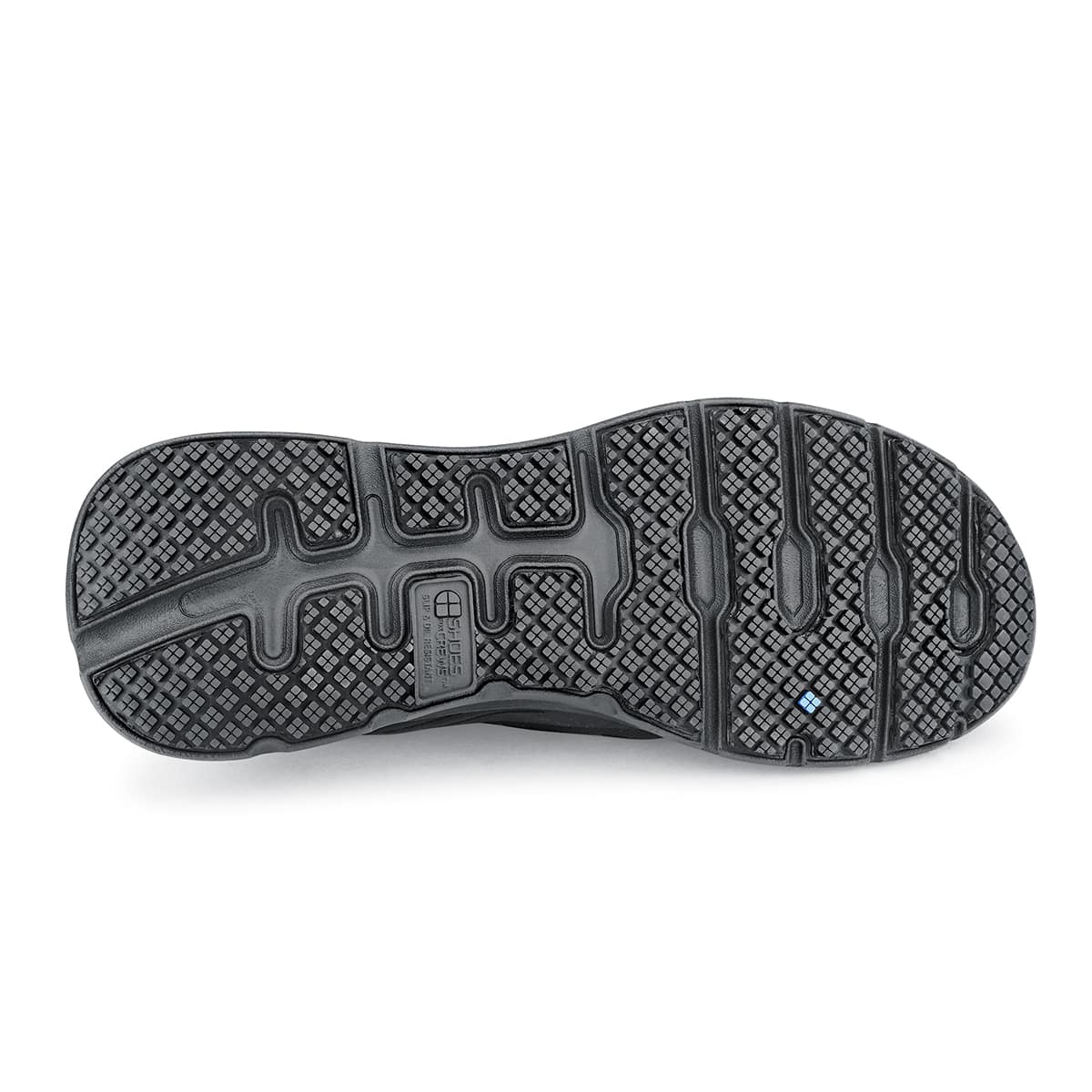 The Endurance II from Shoes For Crews is a slip-resistant shoe that features a Spill Guard to help keep out liquids, TripGuard and Flex Tread, seen from below.