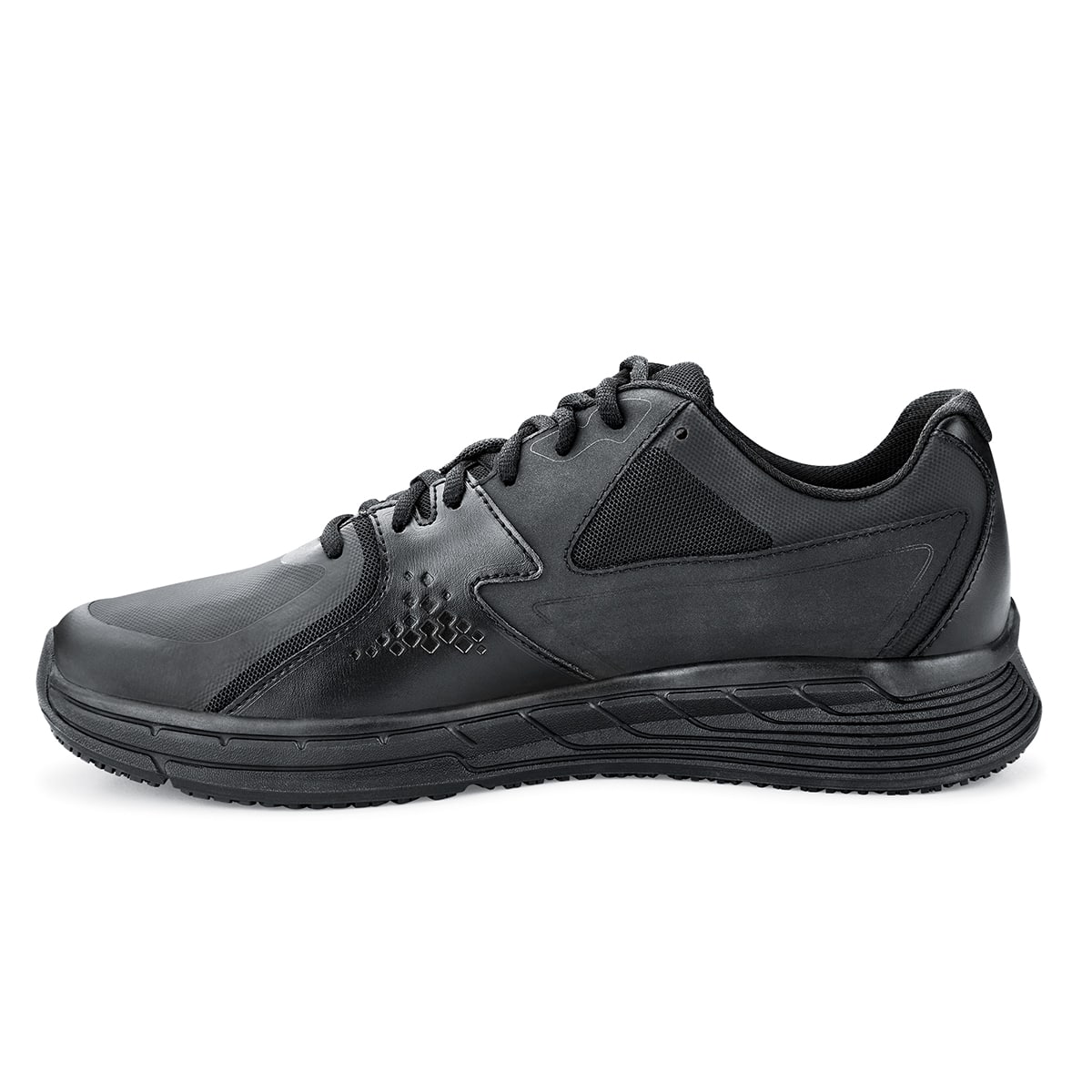 The Condor Men's Black from Shoes for Crews is a slip-resistant shoe with laces, with additional padding and a removable cushioned insole, seen from the left.