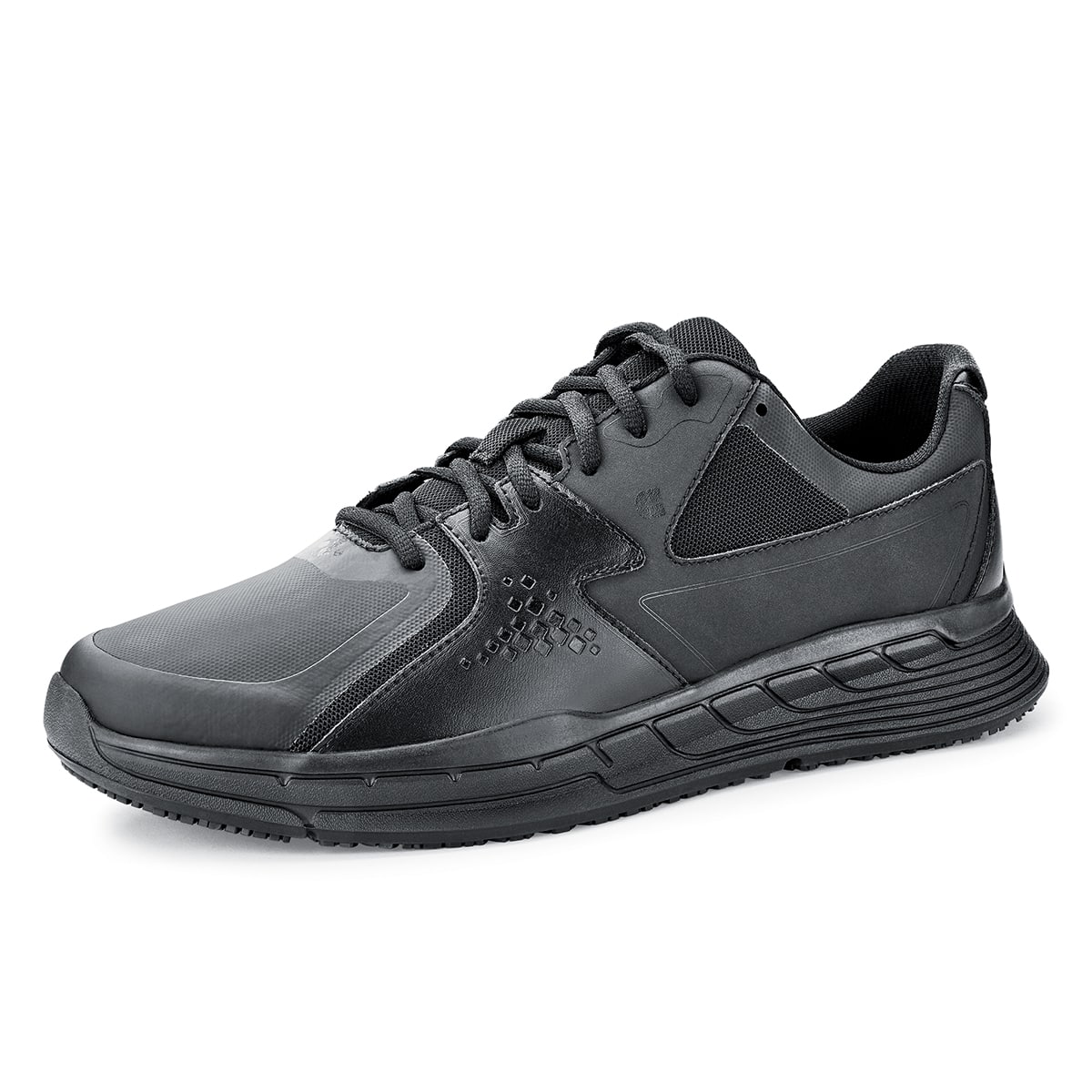 The Condor Men's Black from Shoes for Crews is a slip-resistant shoe with laces, with additional padding and a removable cushioned insole, seen from the left profile.