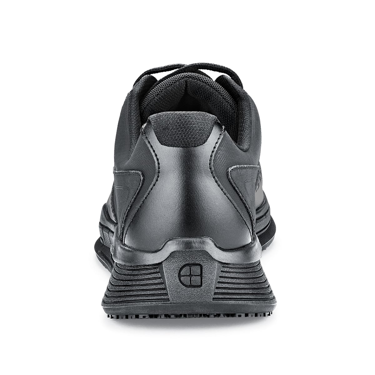 The Condor Men's Black from Shoes for Crews is a slip-resistant shoe with laces, with additional padding and a removable cushioned insole, seen from the back.