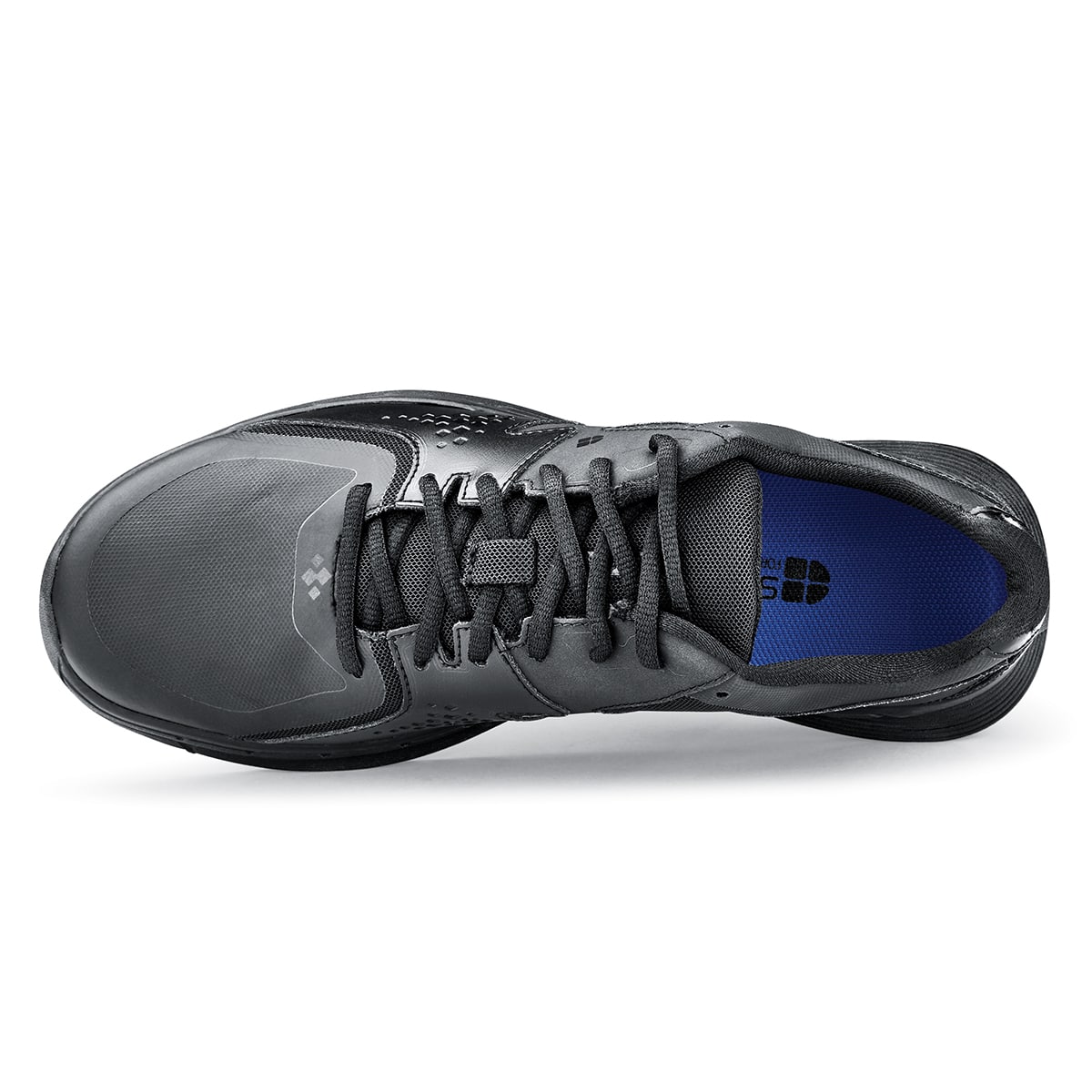 The Condor Men's Black from Shoes for Crews is a slip-resistant shoe with laces, with additional padding and a removable cushioned insole, seen from above.