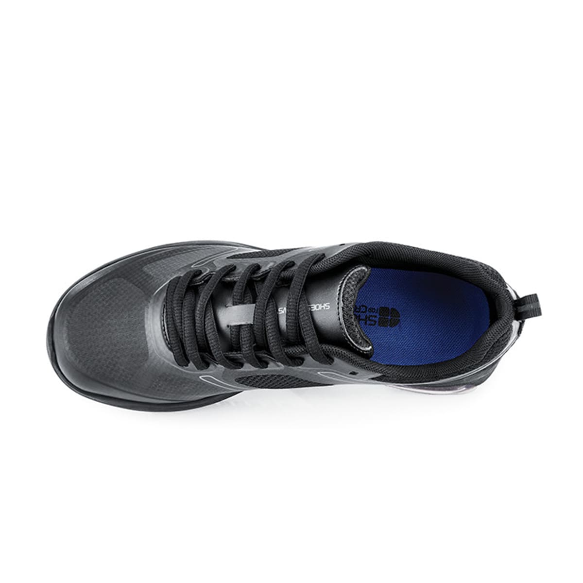 The Revolution II Black from Shoes For Crews are slip-resistant trainers designed to provide comfort, seen from above.