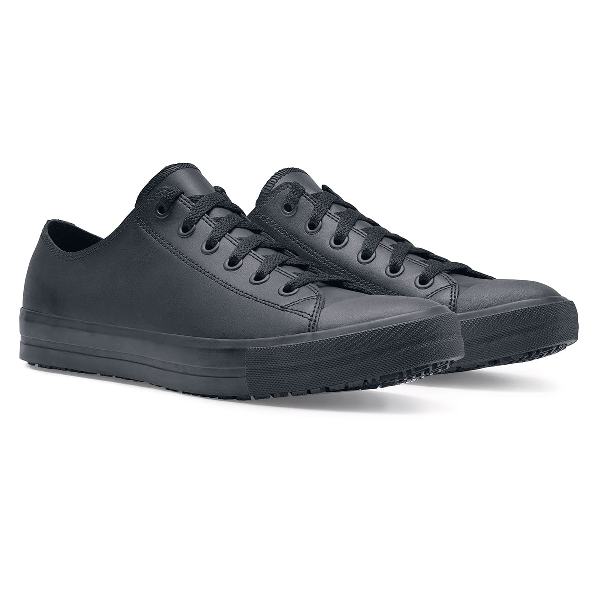 The Delray from Shoes For Crews is a lace-up shoe that has a slip-resistant upper sole with a tapered edge to prevent the risk of trips and falls, pair seen in profile on the right.