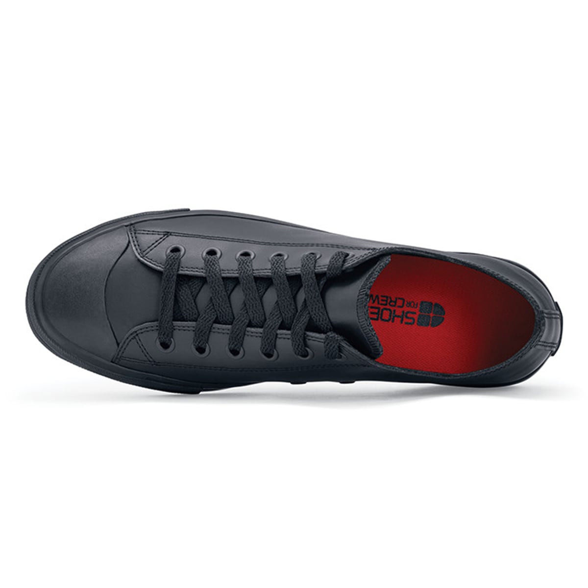 The Delray from Shoes For Crews is a lace-up shoe that has a slip-resistant upper sole with a tapered edge to prevent the risk of trips and falls, seen from above.