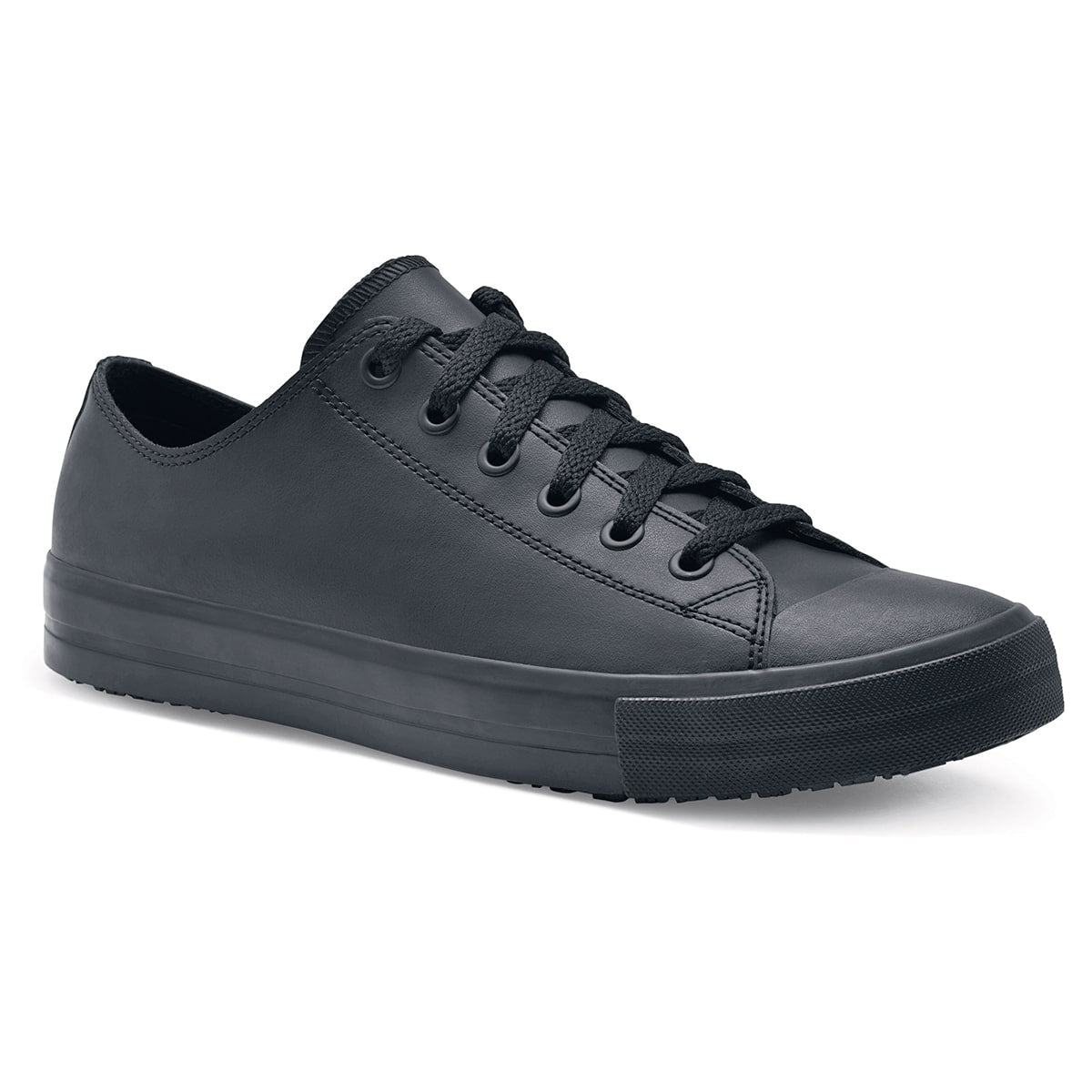 The Delray from Shoes For Crews is a lace-up shoe that has a slip-resistant upper sole with a tapered edge to prevent the risk of trips and falls, seen from the right profile.