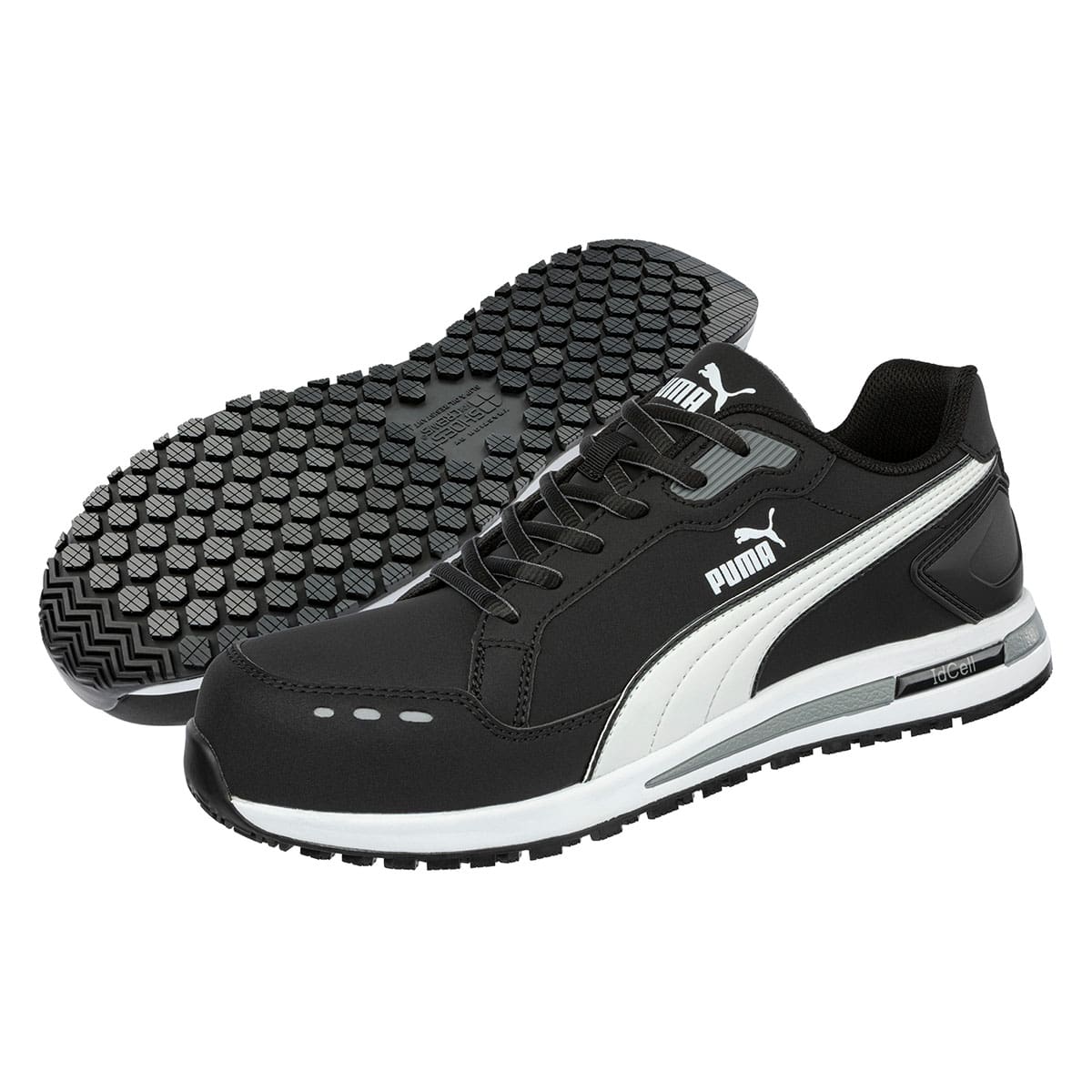 Black slip resistant shoe with composite toe cap (200 joules), top and bottom view.