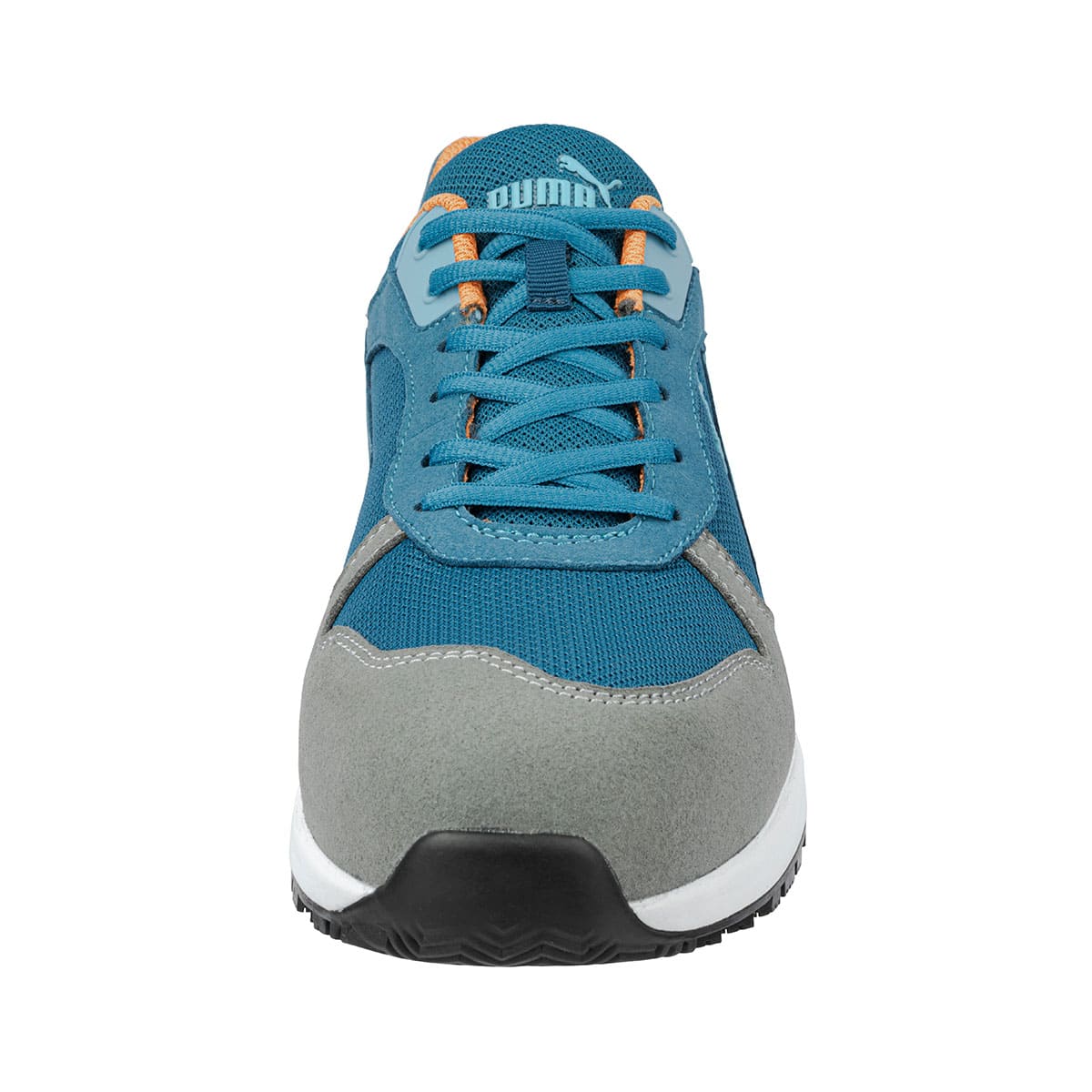 The Frontside Blue Low from Puma Safety X Shoes For Crews are slip-resistant safety shoes with a clog-resistant outsole and composite-fiberglass toe cap, seen from the front.