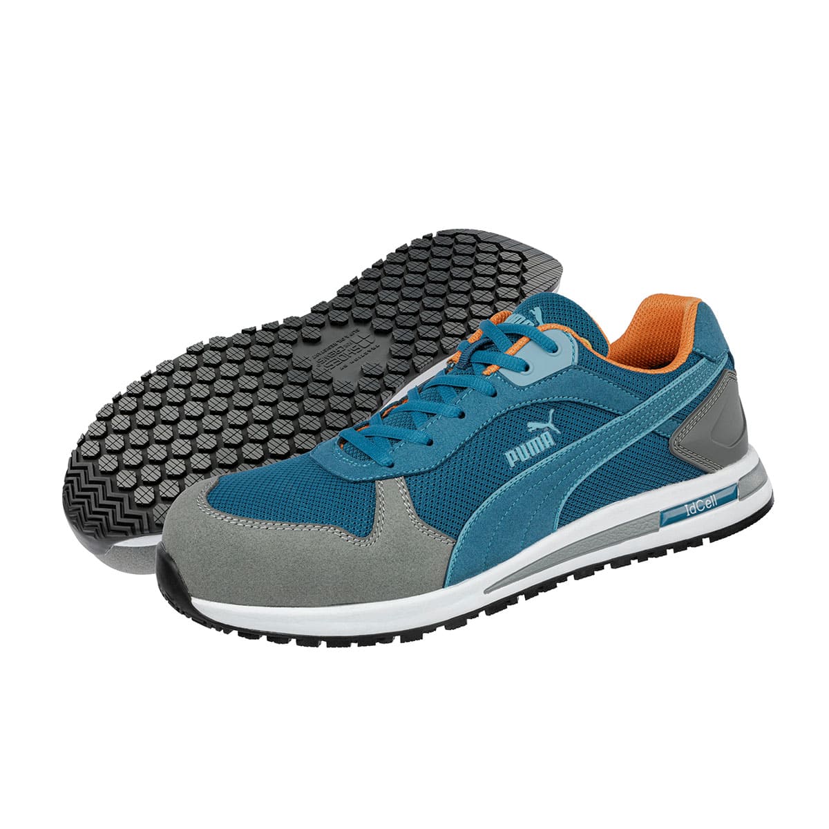 The Frontside Blue Low from Puma Safety X Shoes For Crews are slip-resistant safety shoes with a clog-resistant outsole and composite-fiberglass toe cap, seen vertically on the left side and sole facing downwards.