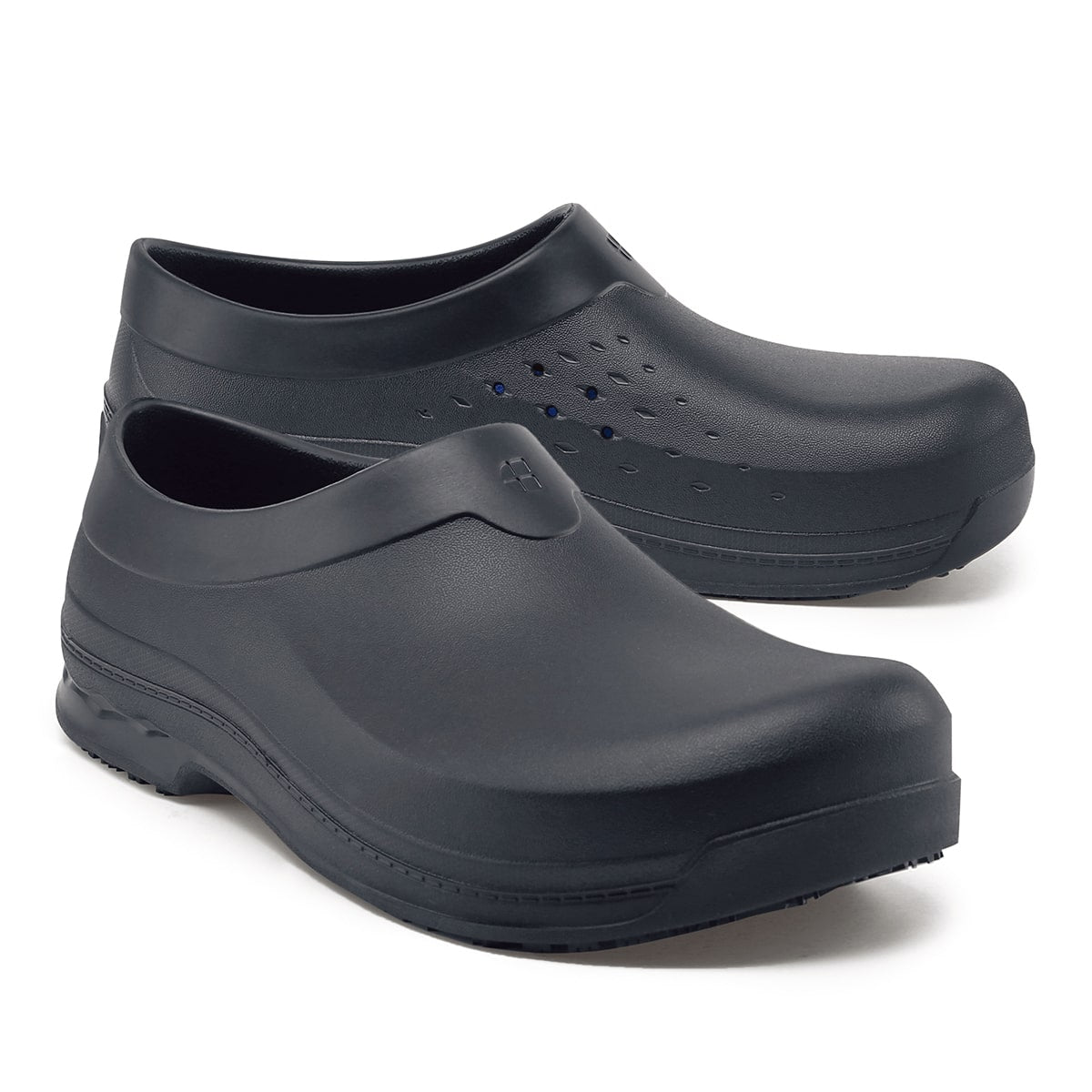 The Radium from Shoes For Crews are slip-on, slip-resistant shoes designed to provide comfort throughout the day, pair seen from the right side, emphasised on the tip of the right shoe.
