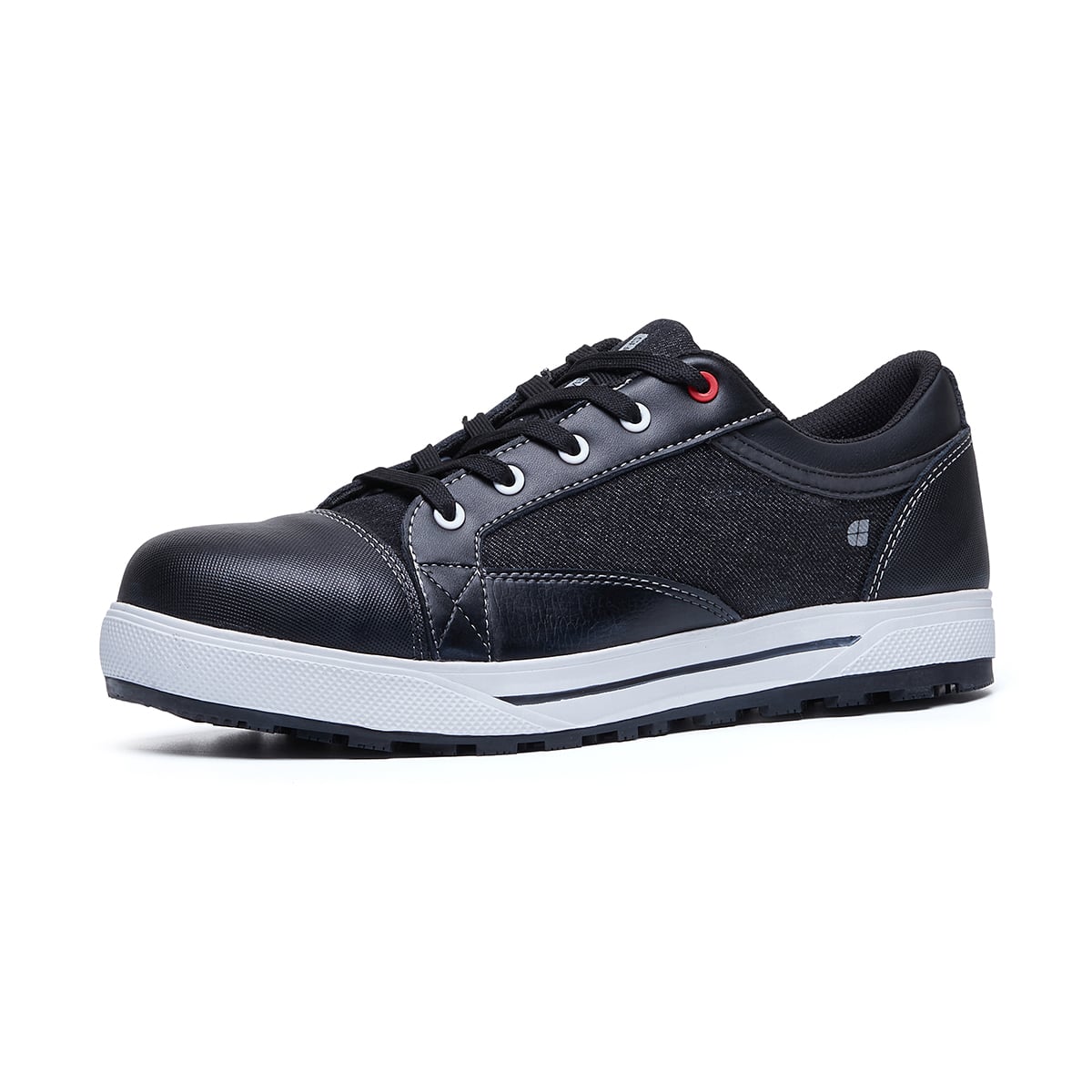 The Fergus Denim from Shoes For Crews is an slip-resistant safety shoe with a waterproof leather upper and a nanocomposite toe cap (200 joules), seen from the left profile.