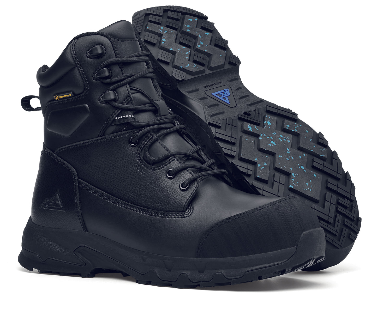 The Delvin from Shoes For Crews, the ultimate footwear for extreme conditions, pair seen from the right and bottom.