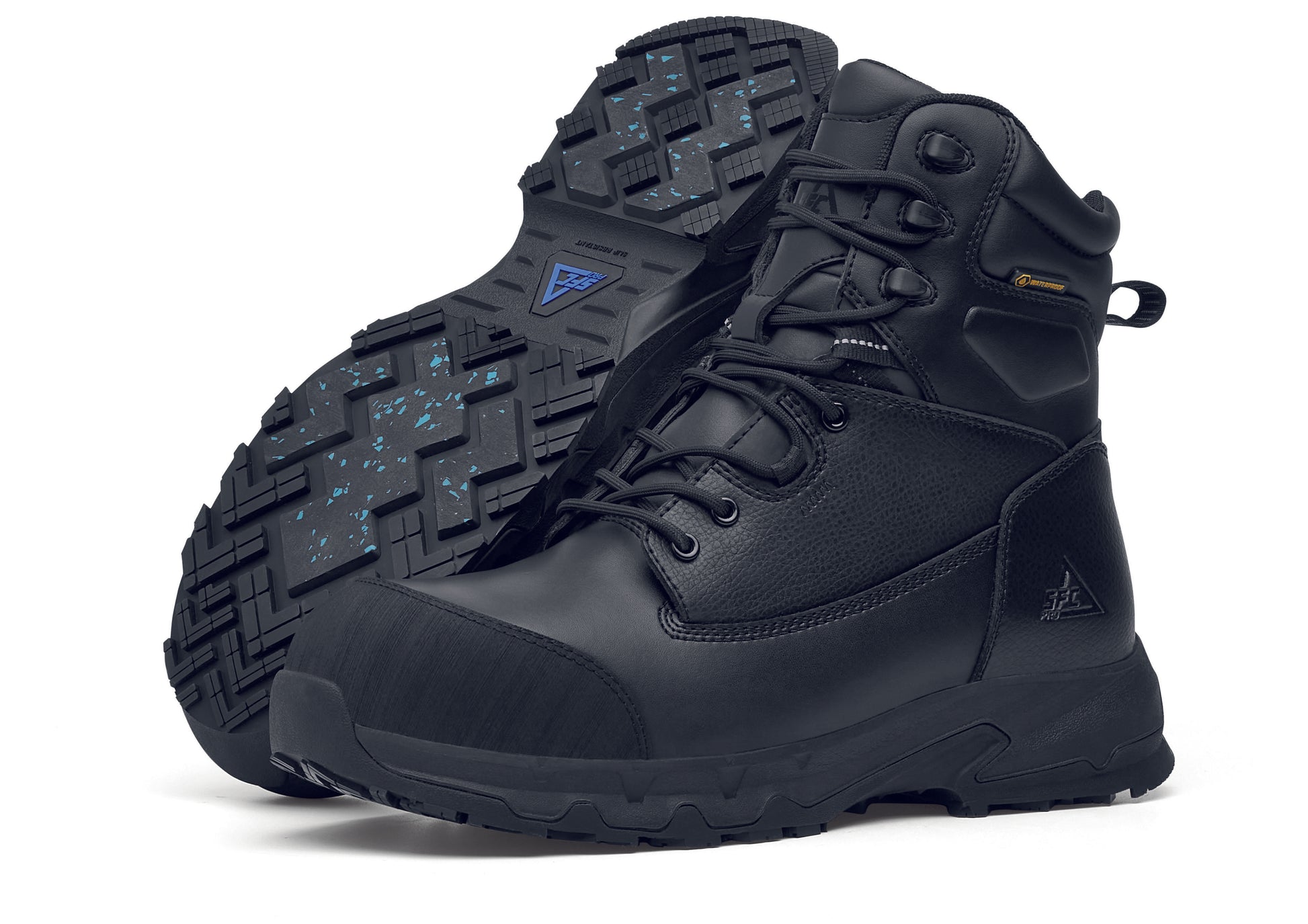 The Delvin from Shoes For Crews, the ultimate footwear for extreme conditions, pair seen from the left and bottom.
