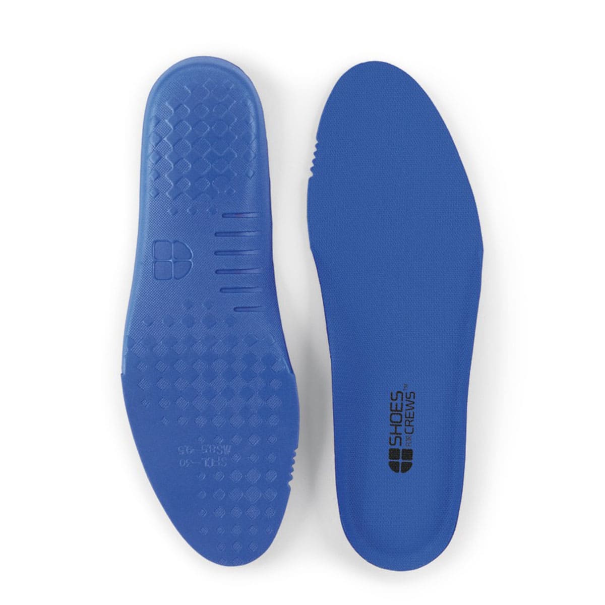 The Shoes For Crews comfort insole is made from durable EVA material and incorporates a cushioned layer and an adaptable arch, seen from above and below.