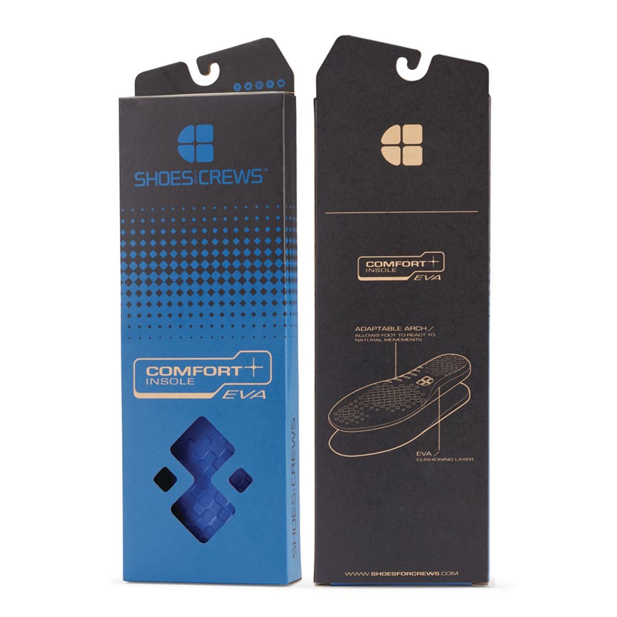 The Shoes For Crews comfort insole is made from durable EVA material and incorporates a cushioned layer and an adaptable arch, image of the packaging.
