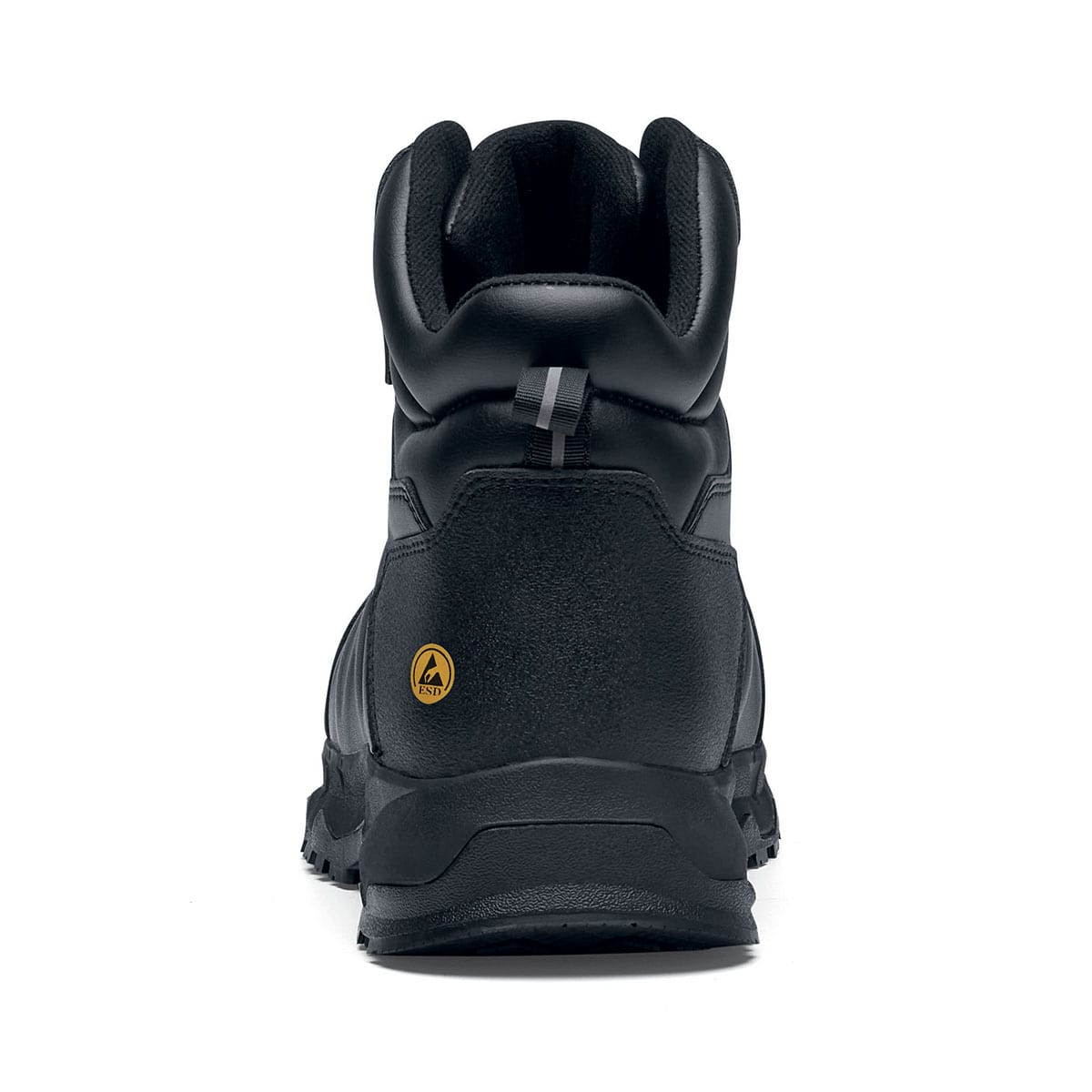 The Callan Mid O2 SRC CI HI ESD safety boot has TripGuard technology, waterproof materials and a durable slip-resistant outsole,   seen from the back.