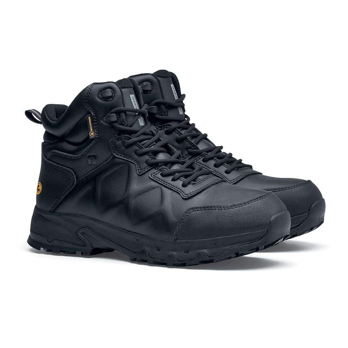 The Callan Mid O2 SRC CI HI ESD safety boot has TripGuard technology, waterproof materials and a durable slip-resistant outsole,  pair seen in profile on the right.