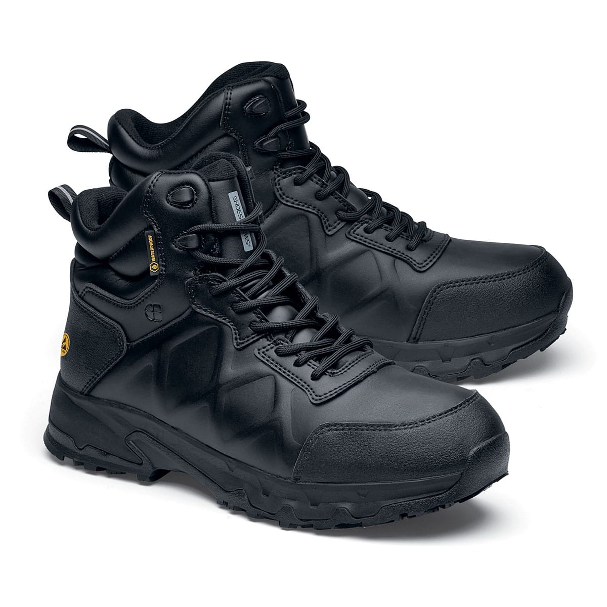 The Callan Mid O2 SRC CI HI ESD safety boot has TripGuard technology, waterproof materials and a durable slip-resistant outsole,  pair seen in profile on the right emphasising the tip of the right shoe.