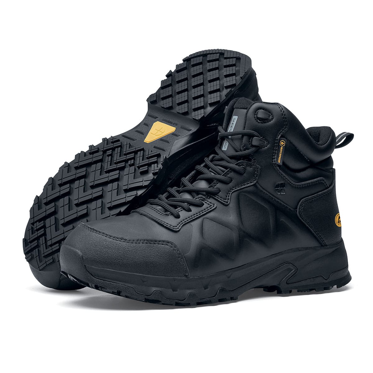 The Callan Mid O2 SRC CI HI ESD safety boot has TripGuard technology, waterproof materials and a durable slip-resistant outsole,  pair seen from the left and bottom.