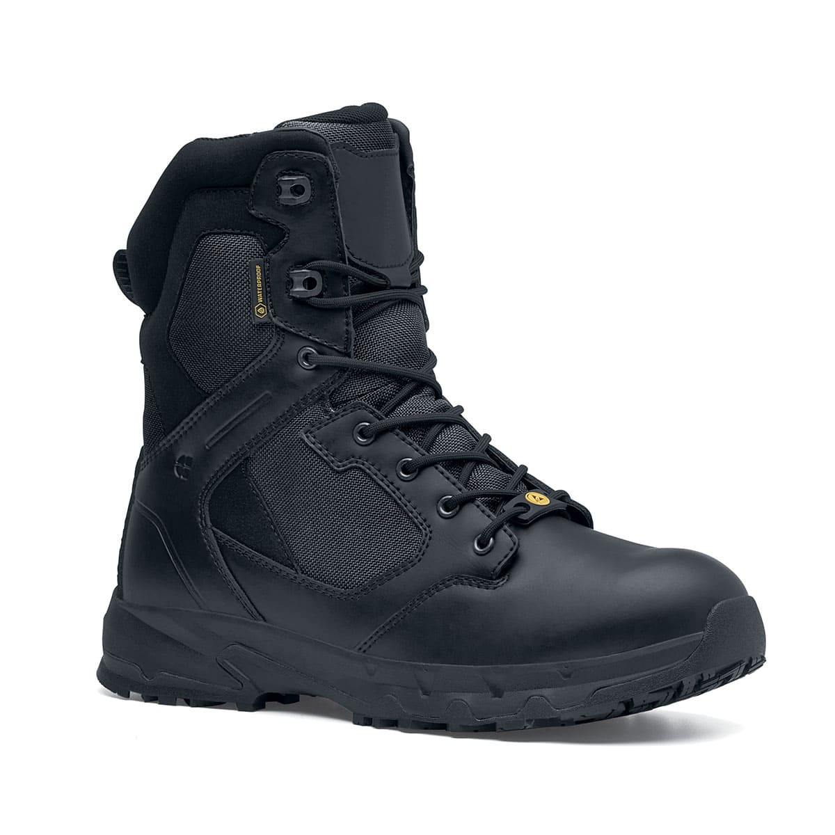 Darver from Shoes For Crews are safety boots with a superior slip-resistant outsole and materials resistant to water- and blood-borne pathogens,  seen from the right profile.
