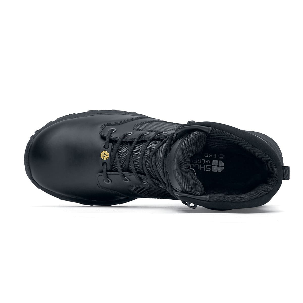 Darver from Shoes For Crews are safety boots with a superior slip-resistant outsole and materials resistant to water- and blood-borne pathogens,  seen from above.