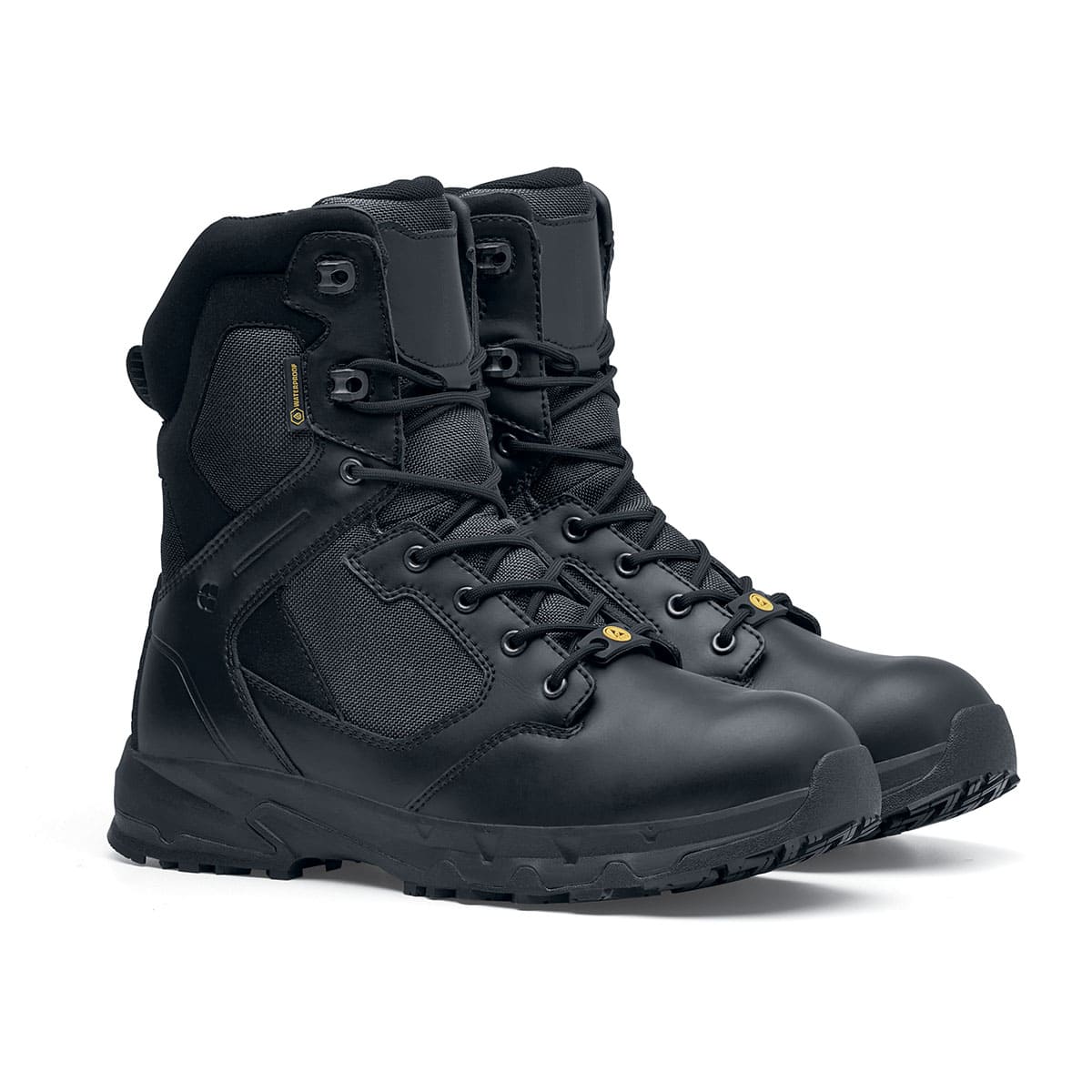 Darver from Shoes For Crews are safety boots with a superior slip-resistant outsole and materials resistant to water- and blood-borne pathogens,  pair seen in profile on the right.