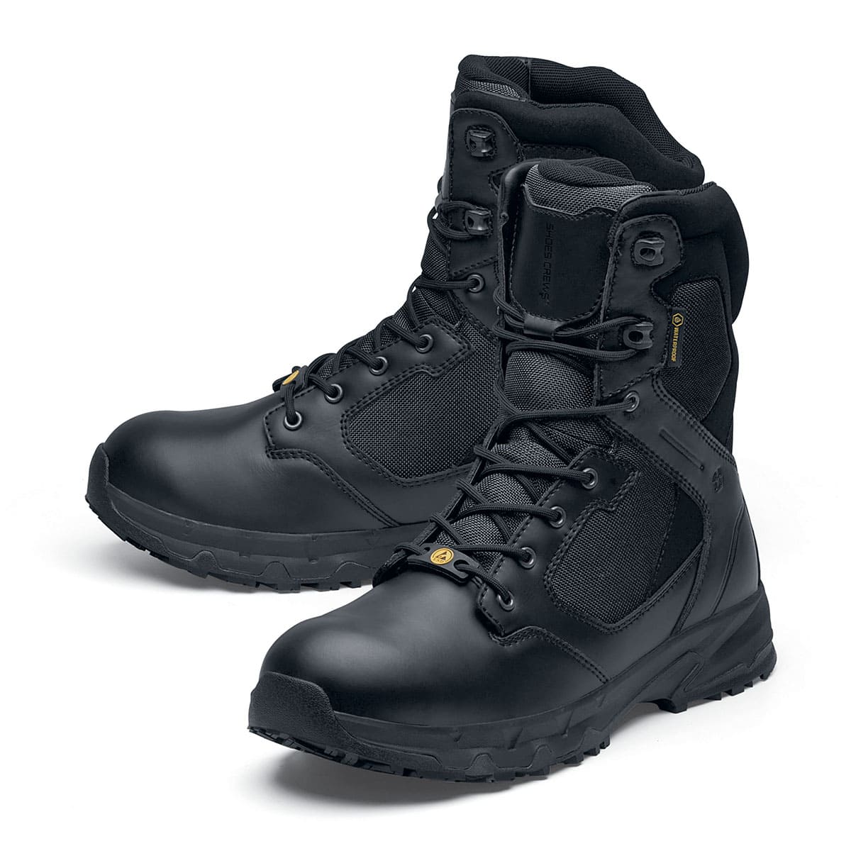 Darver from Shoes For Crews are safety boots with a superior slip-resistant outsole and materials resistant to water- and blood-borne pathogens, pair seen from the right side, emphasised on the tip of the right shoe.