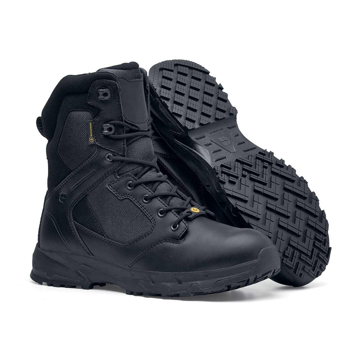 Darver from Shoes For Crews are safety boots with a superior slip-resistant outsole and materials resistant to water- and blood-borne pathogens, pair seen from the right and bottom.