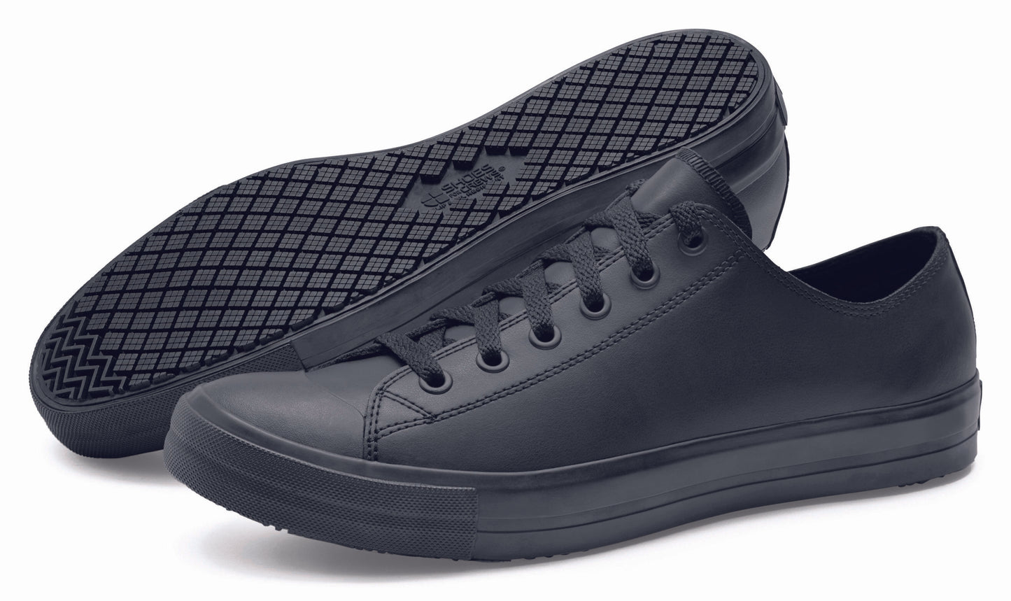 The Delray from Shoes For Crews is a lace-up shoe that has a slip-resistant upper sole with a tapered edge to prevent the risk of trips and falls, pair seen from the left and bottom.