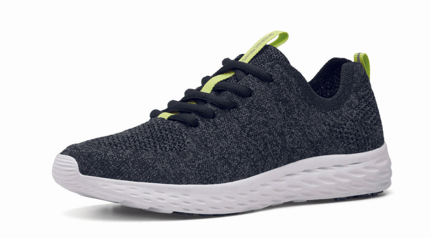 The Everlight™ ECO Womens Black/Grey from Shoes For Crews are lightweight, breathable slip-resistant trainers made from recycled materials, seen from the left profile.