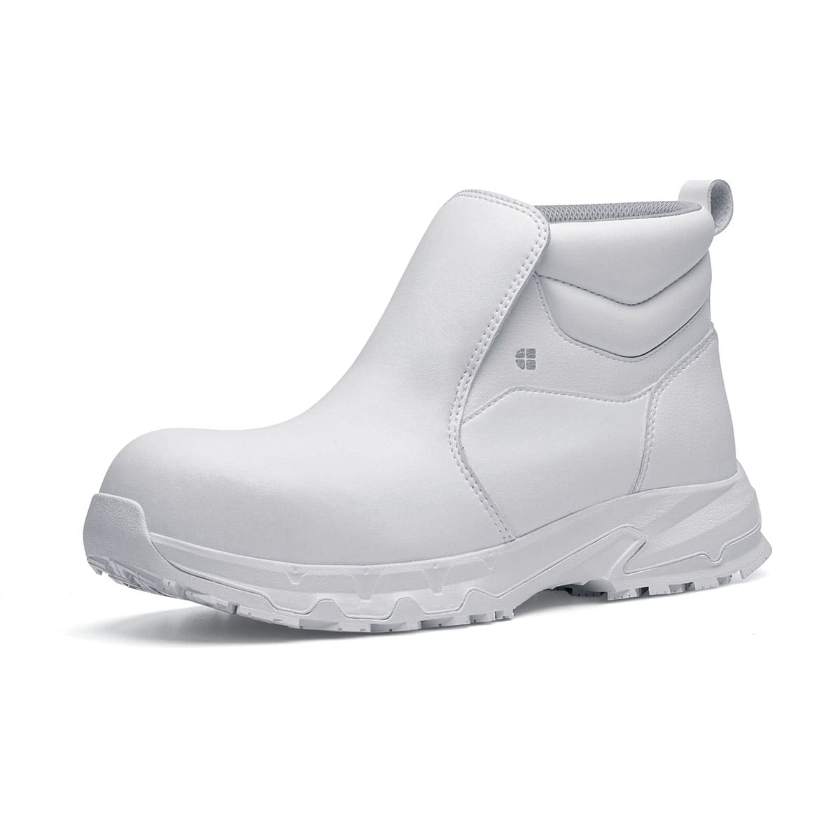 The Inny from Shoes For Crews is a safety shoe with a slip-resistant, clog-resistant upper sole and our advanced TripGuard technology, seen from the left profile.