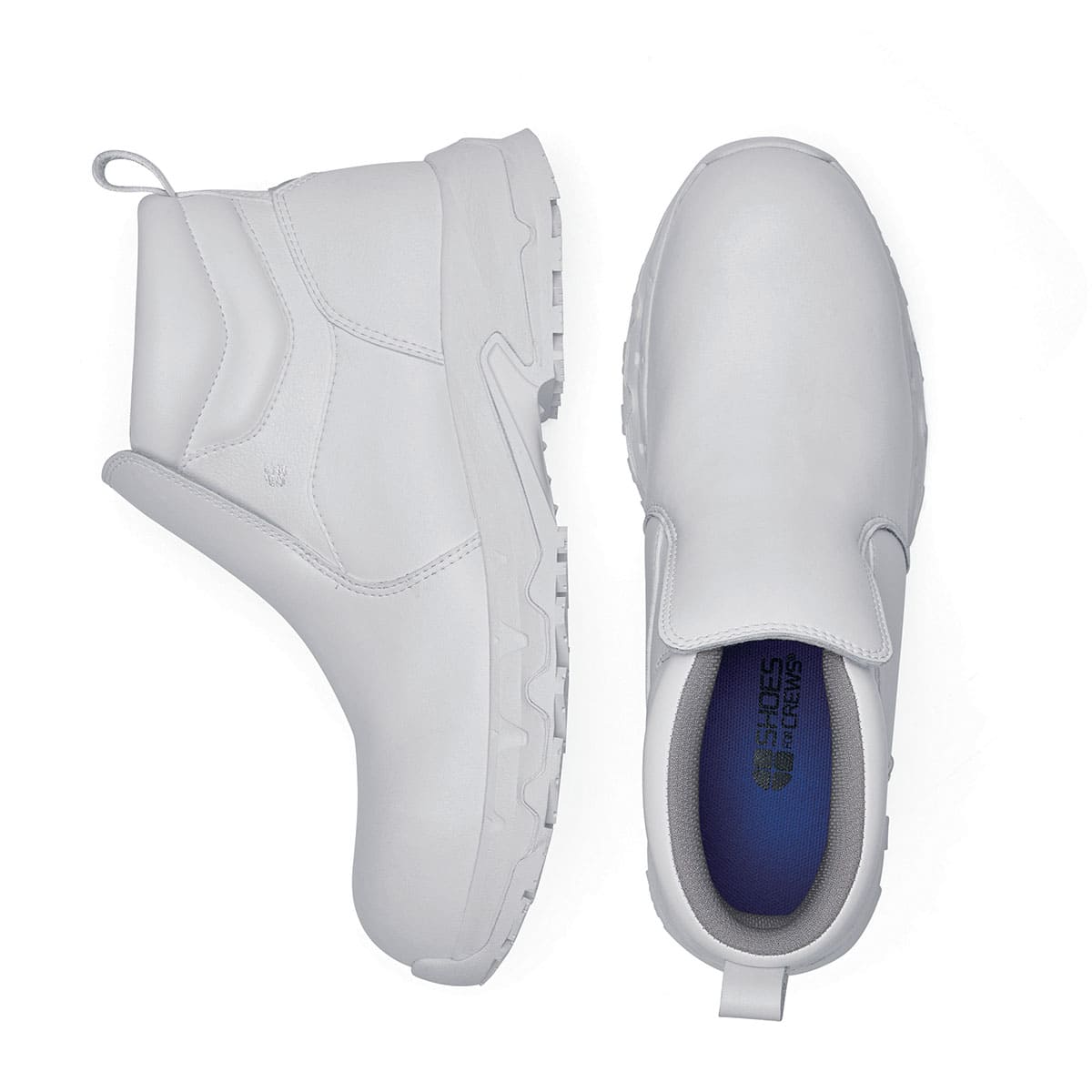 The Inny from Shoes For Crews is a safety shoe with a slip-resistant, clog-resistant upper sole and our advanced TripGuard technology, seen vertically from the side and from above.