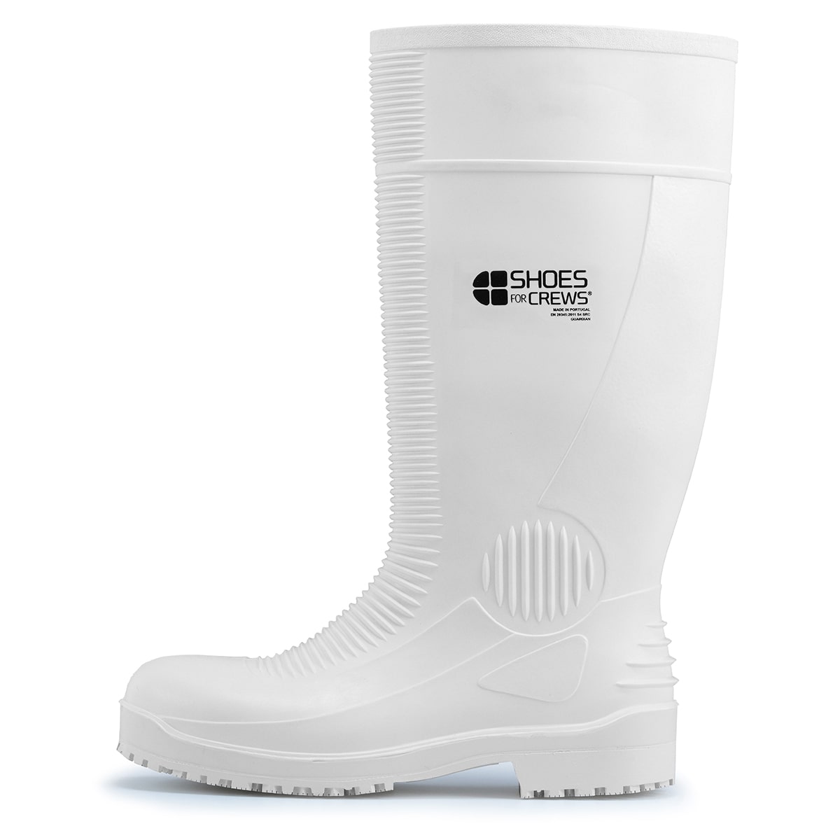 The Guardian White from Shoes For Crews are waterproof Wellington boots that offer superior slip resistance on a variety of pavement surfaces,  seen from the left.