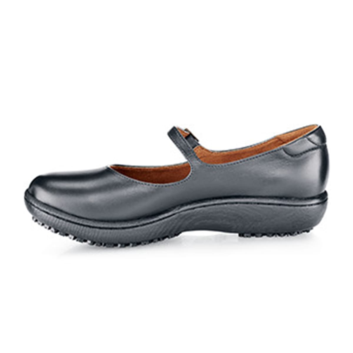 The Mary Jane II from Shoes For Crews are slip-resistant dress shoes designed to provide comfort throughout the day, seen from the left.