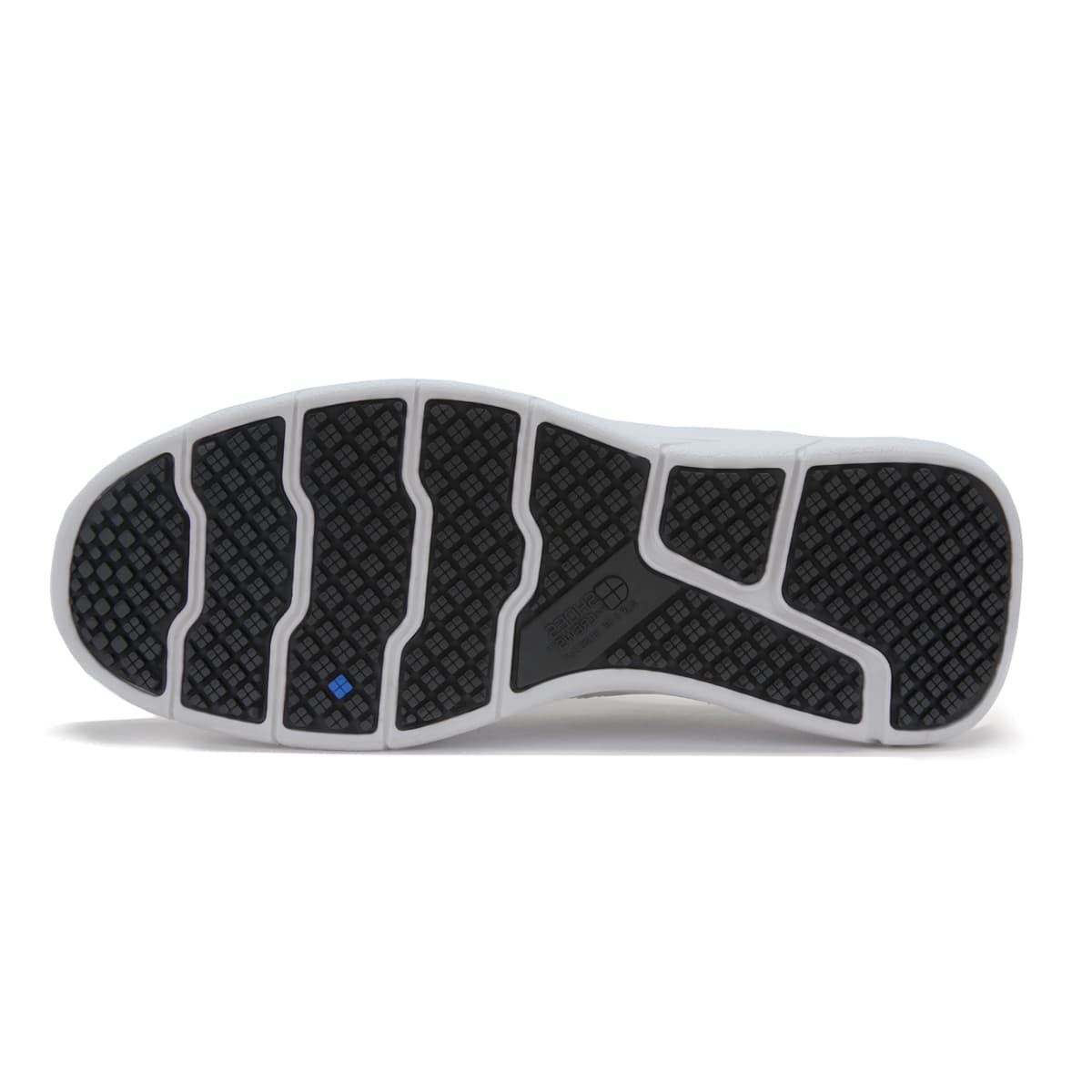 The Karina White by Lila from Shoes For Crews are black slip-resistant trainers that are lightweight and have Flex Tread technology, seen from below.