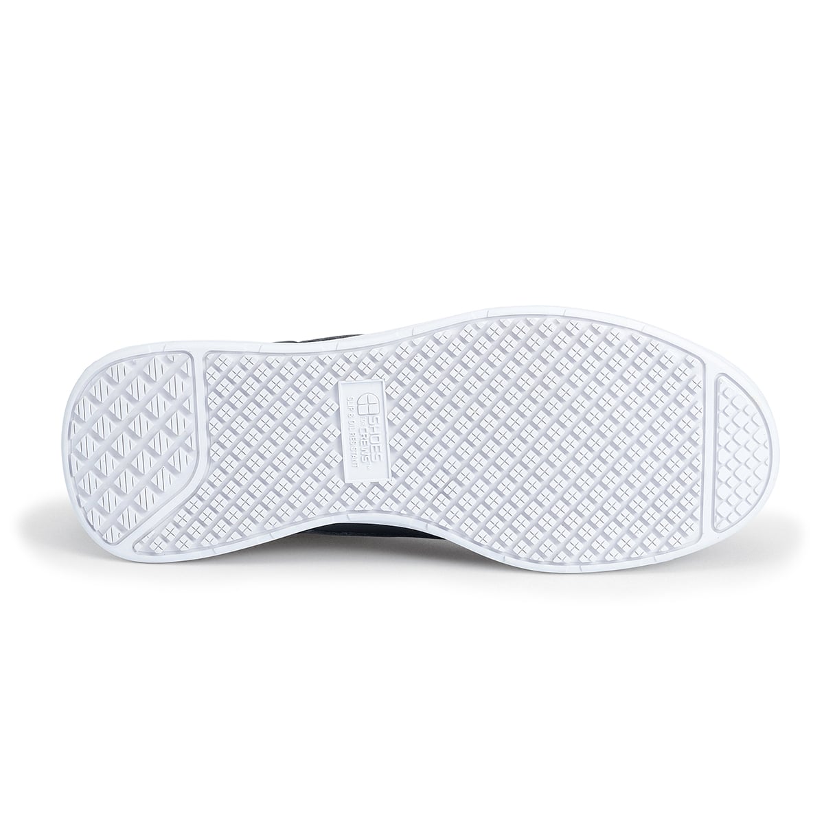 The Liberty White Outsole from Shoes For Crews are slip-resistant trainers with comfortable insoles, seen from below.