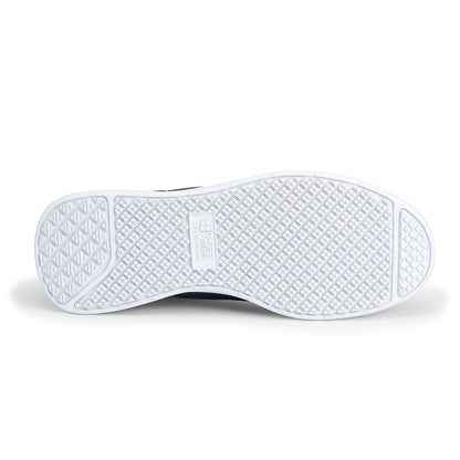 The Liberty White Outsole from Shoes For Crews are slip-resistant trainers with comfortable insoles, seen from below.