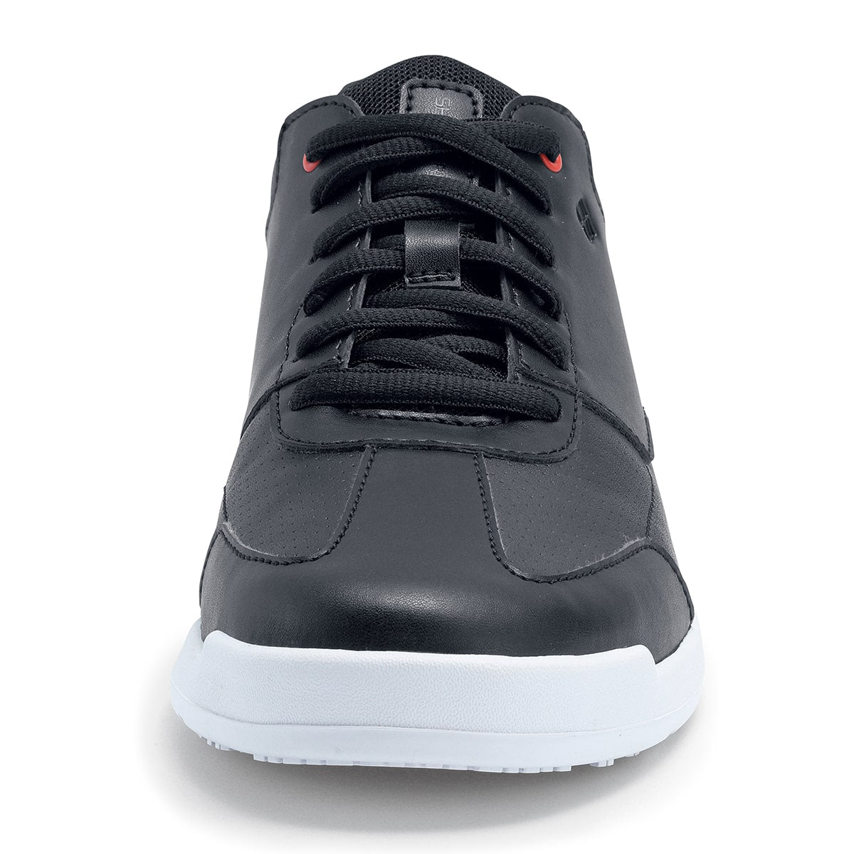 The Liberty White Outsole from Shoes For Crews are slip-resistant trainers with comfortable insoles, seen from the front.