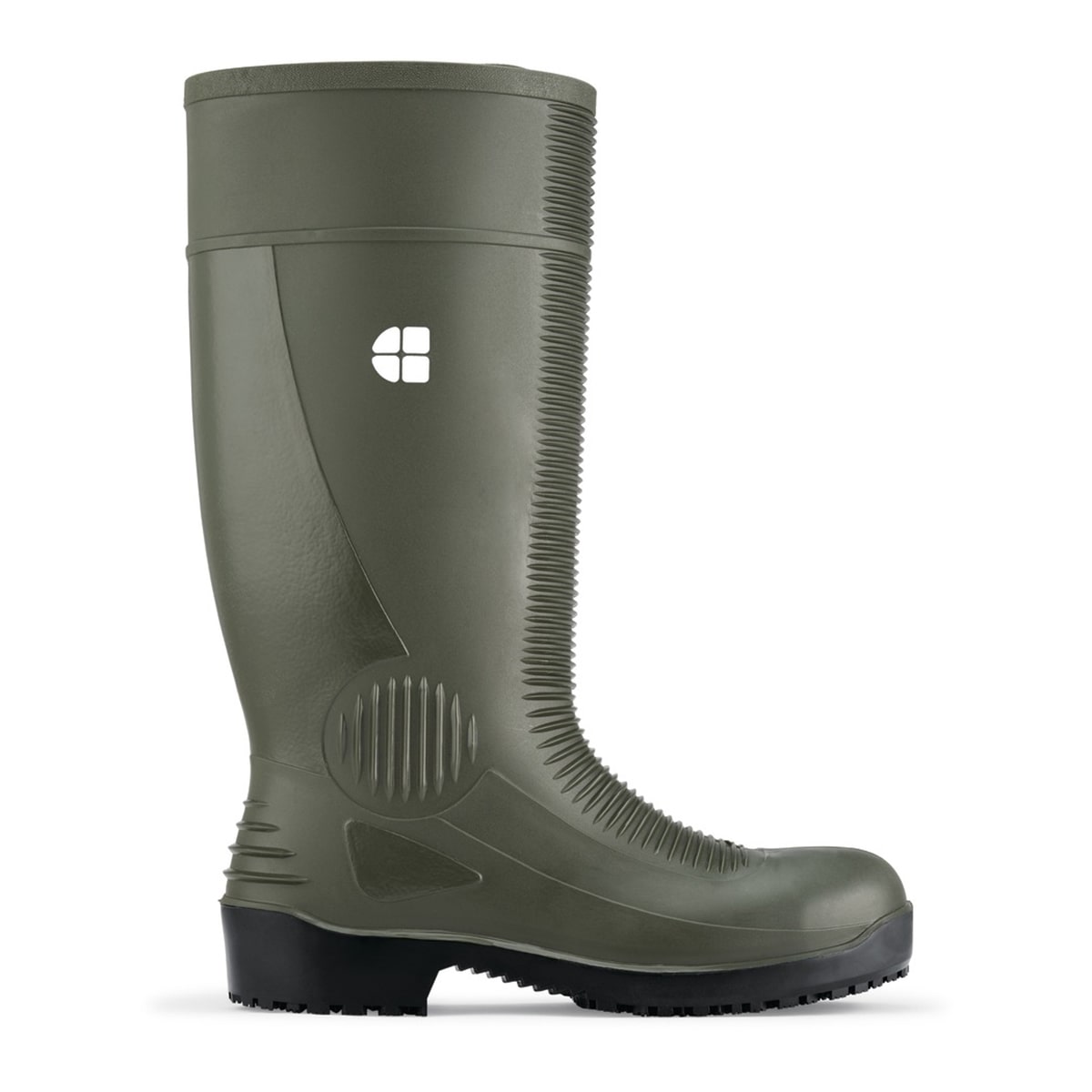 Slip resistant green wellington boot with steel toe cap (200 Joules) and water resistant upper, seen from the right.