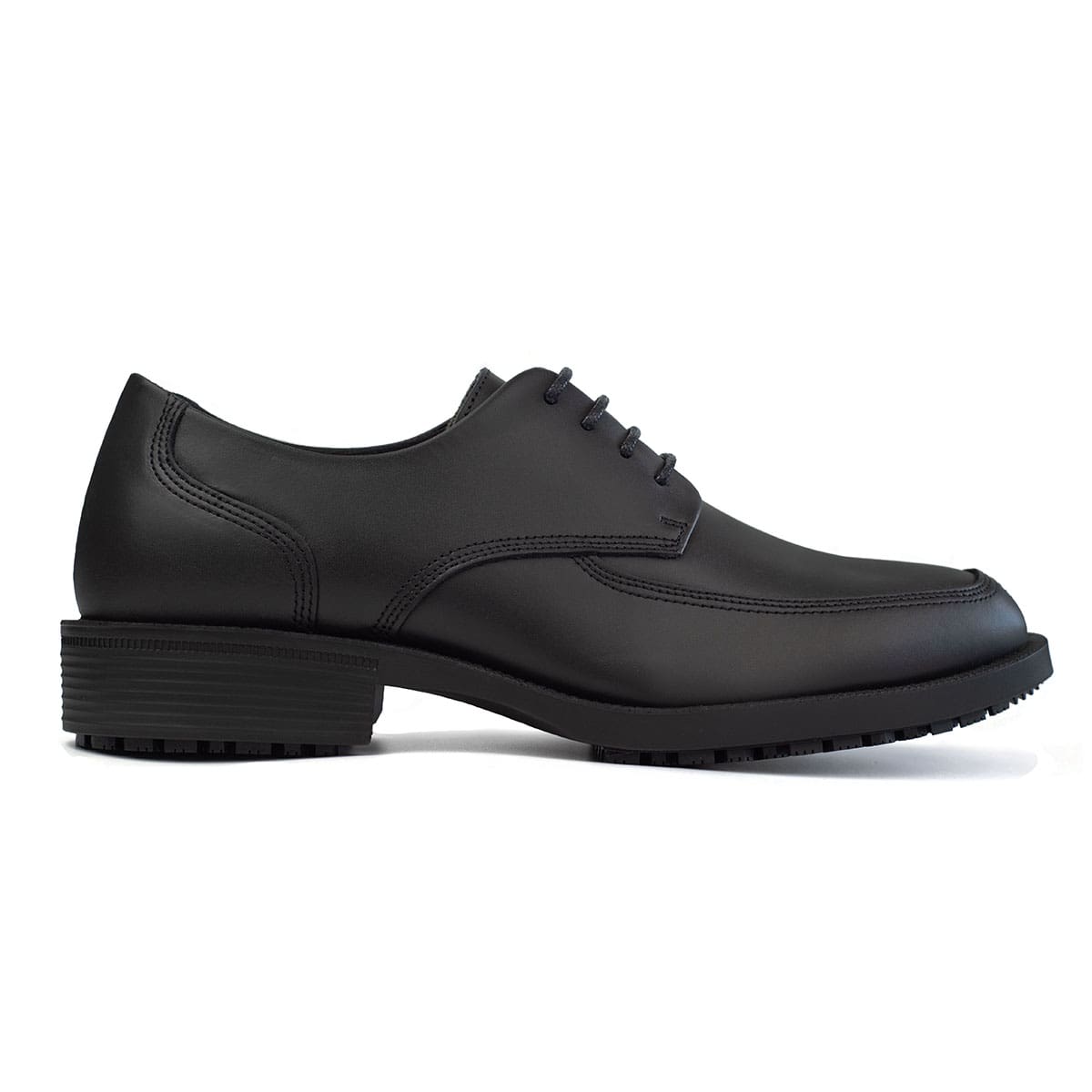 Slip resistant black formal shoe with waterproof leather upper and a removable, cushioned insole, right side view.